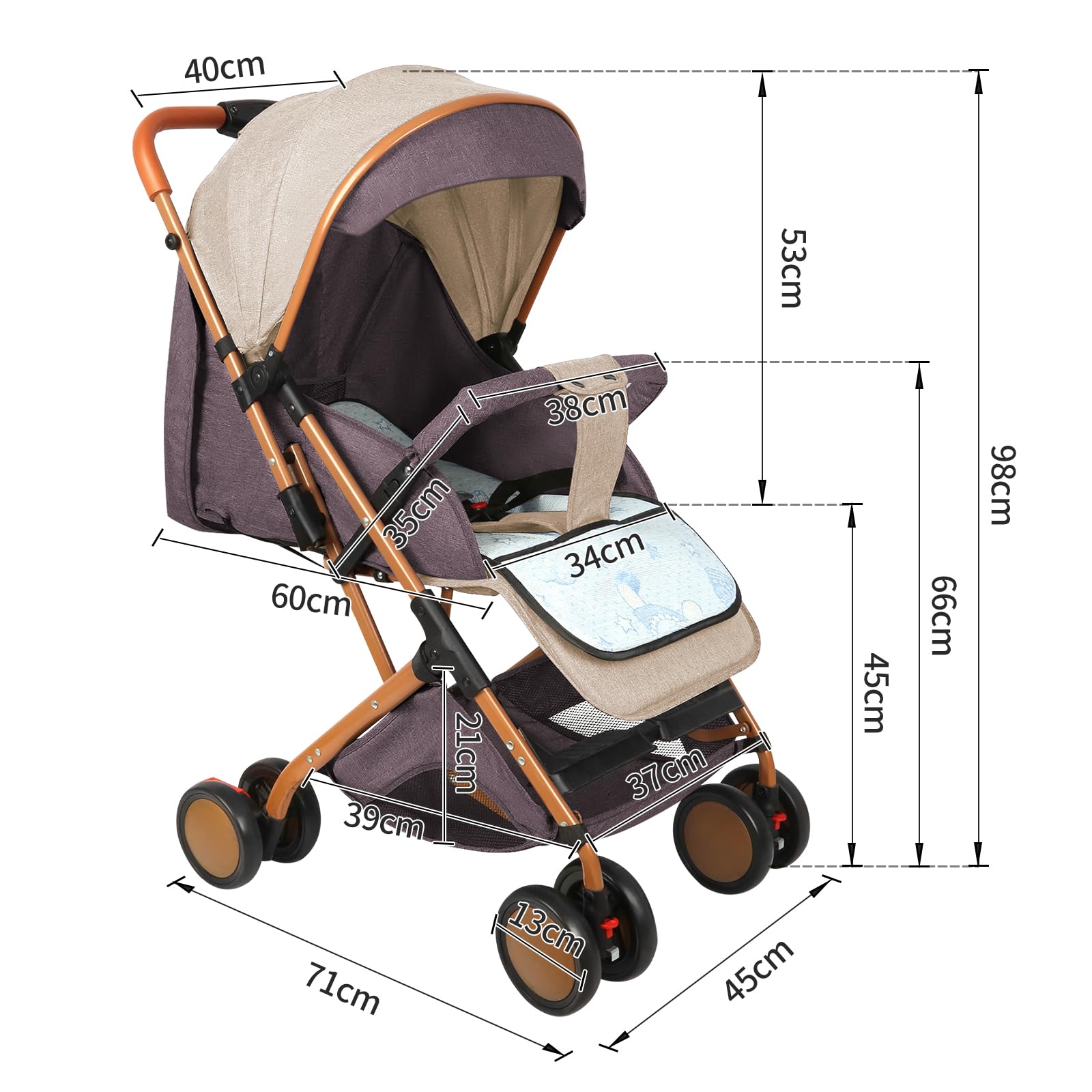 Poussette 3 Roues, jusqu'à 25 kg, Grande Capote, Pliage Compact, Dossier Inclinable, Guidon Réglable en Hauteur, Grandes Roues Tout Terrain, Protection UV 50+-B-Kaki