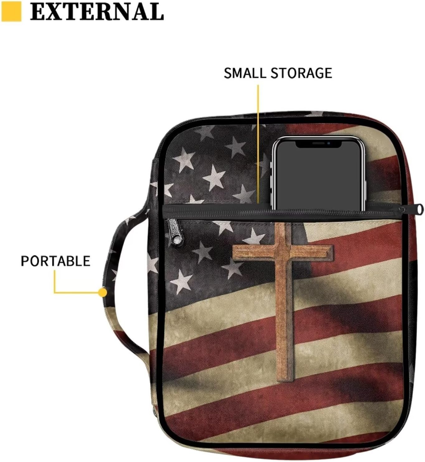 Suobstales Cross American Flag Print Bible Cover Bible Case for Women Men Lightweight Carrying Book Cover Church Bag Bible Protective Bag with Handle and Zippered Pocket image 4