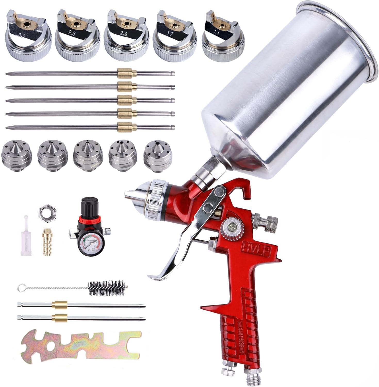 WOOLUCK® Piston à peinture HVLP professionnel avec buses multi-tailles, 1,4mm-3,0mm, gobelet d'aluminium 1000cc, pour la