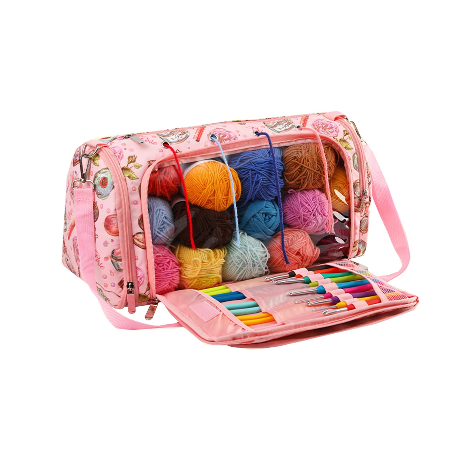 Perspectivable Crochet Bag Organizer, Portable Knitting Bag, Yarn Storage Organizer for Crochet Hooks, Knitting Needles and Other Accessories, Gift for Mom Women (Pink)