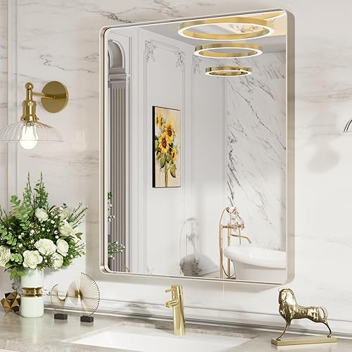 LOAAO 22X30 Inch Brushed Nickel Bathroom Mirror, Rounded Rectangle Silver Metal Frame Mirror, Brushed Nickel, Anti-Rust, Hangs Horizontally or Vertically