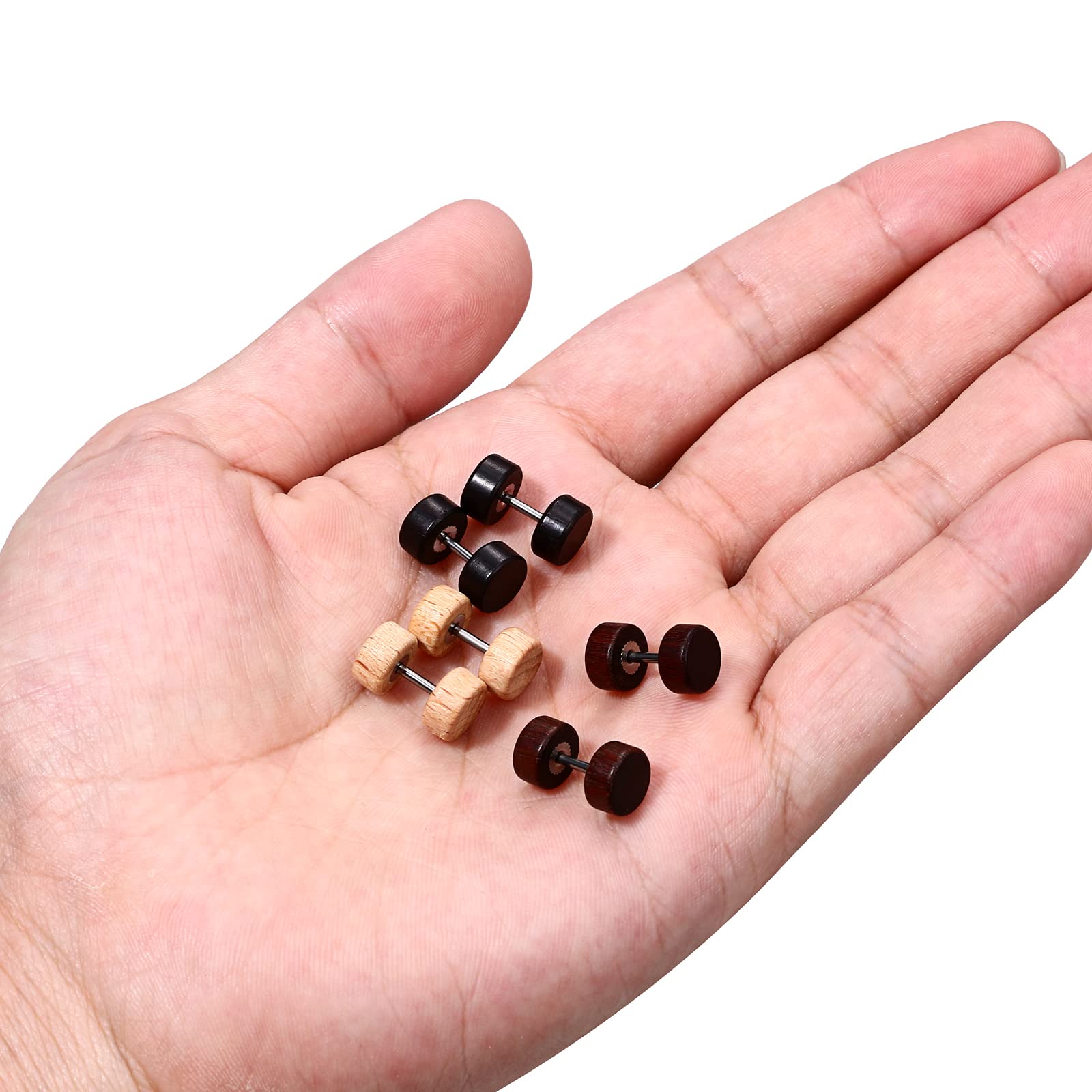 Pendientes de Acero Inoxidable Quirúrgico y Madera Dumbbells 8-12 mm 6 Pcs