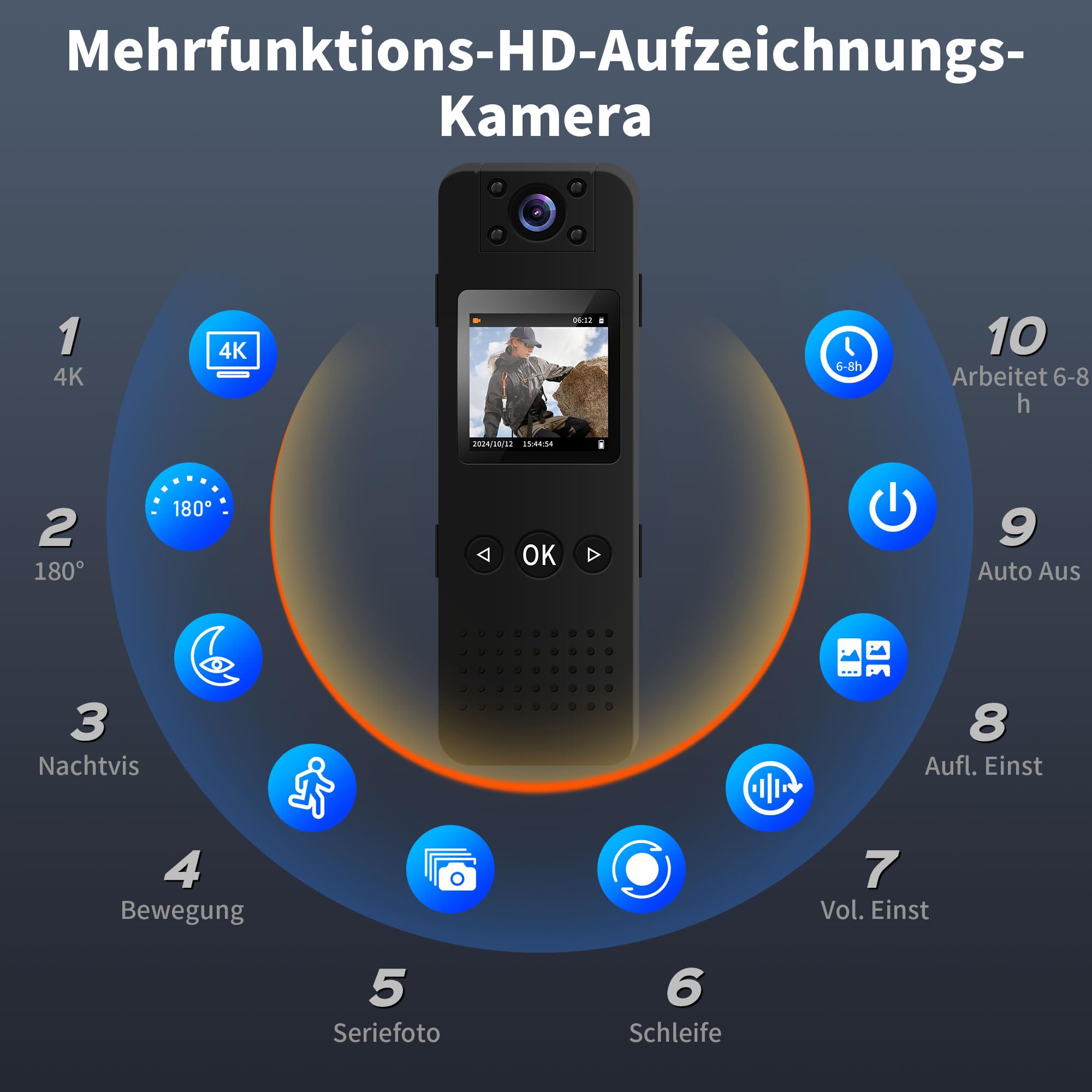 4K Bodycam Körperkamera Mini, Body Cam mit APP, Mini Body Camera Bewegungserkennung Tragbare Überwachungskamera, Kleine Kamera ohne WLAN, Mini Kamera, Videokamera für Polizei/Sport