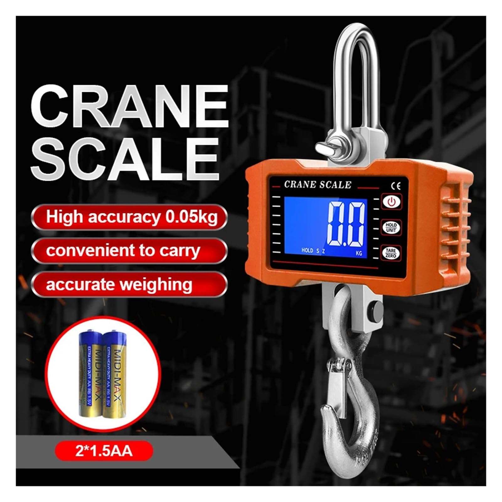 Bilancia digitale sospesa 1000 kg 1500 kg LCD retroilluminato 3306 libbre Pesatrice con gancio industriale in acciaio con serratura Molteplici funzioni(300KG)