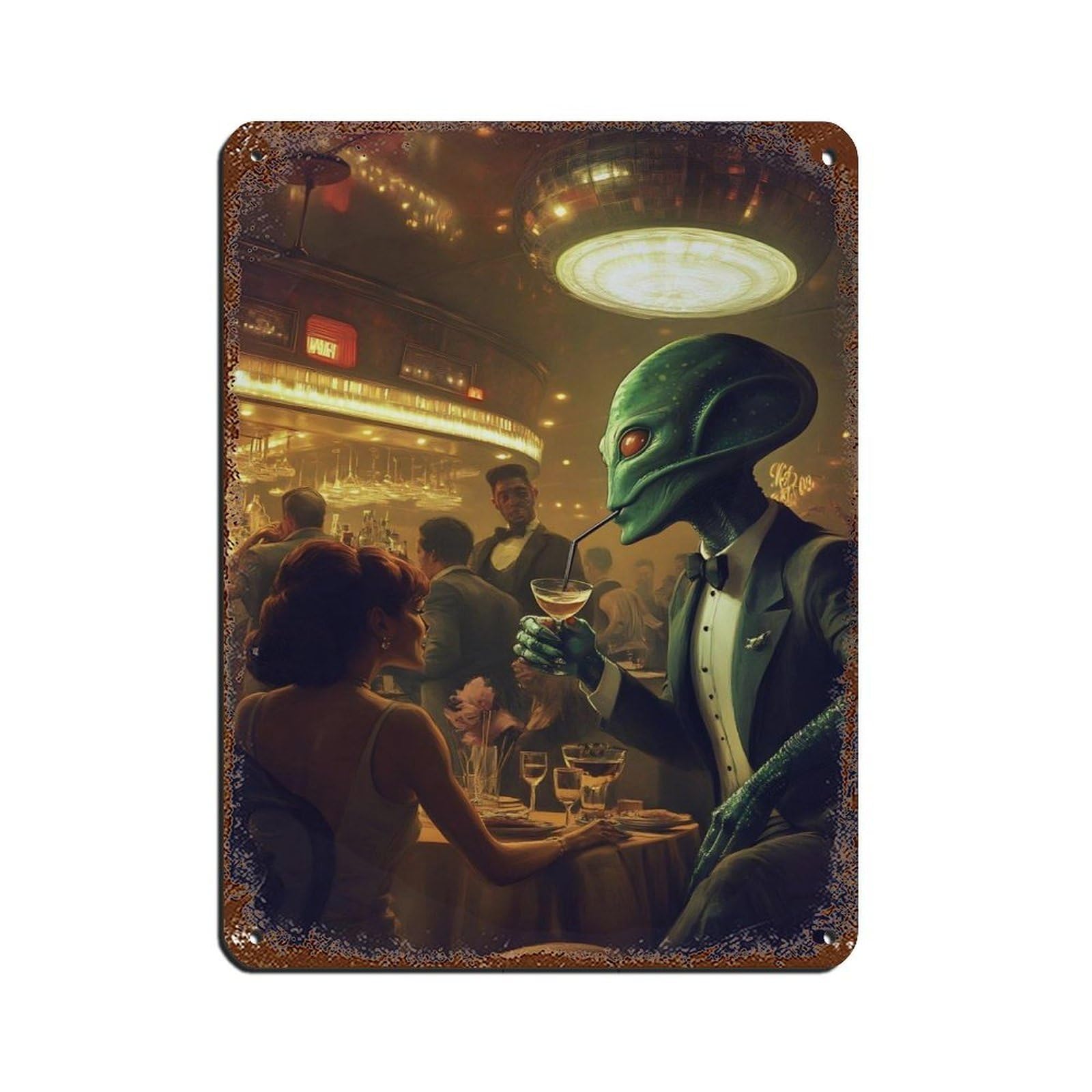 Vintage Alien in Tuxedo, Sci Fi Bar Scene Tin Sign Vintage Metal Pub Club Cafe Bar Home Wall Art Decoration Poster Retro 12x16inch(30x40cm)