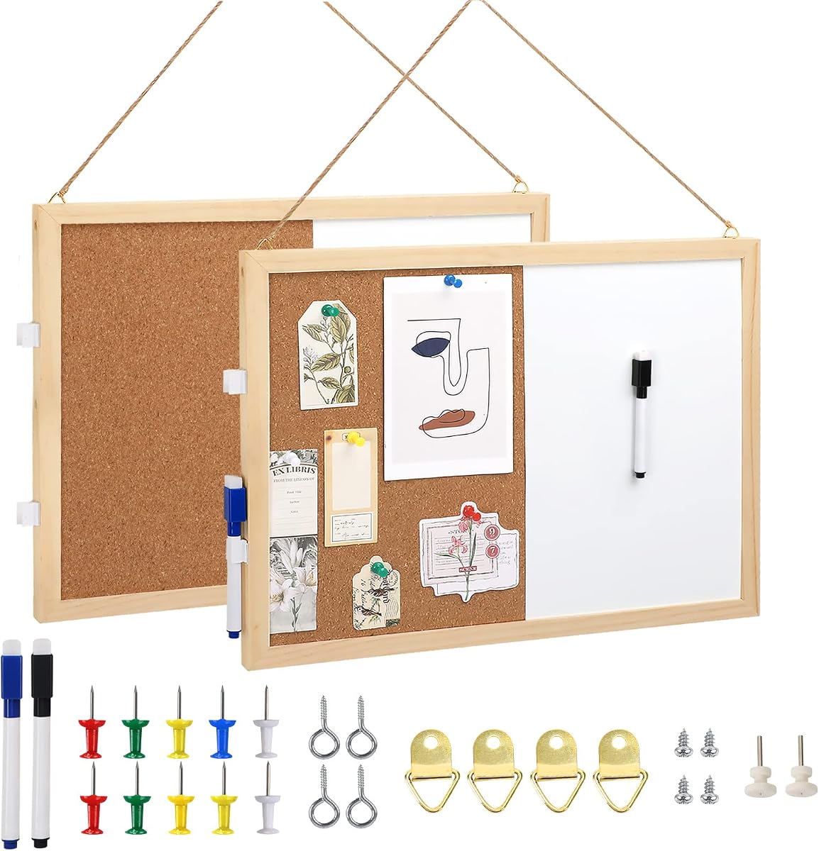 FEBSNOW 2 Pack Cork Board White Board Combo 15.7x12 Inches Pin Board | Self Healing Wood, Hanging Office White Push Pin Board Vision Board for Room School Office, with Pins, Hardware, Rope