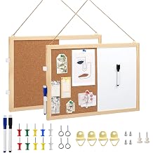 FEBSNOW 2 Pack Cork Board White Board Combo 15.7x12 Inches Pin Board | Self Healing Wood, Hanging Office White Push Pin Board Vision Board for Room School Office, with Pins, Hardware, Rope