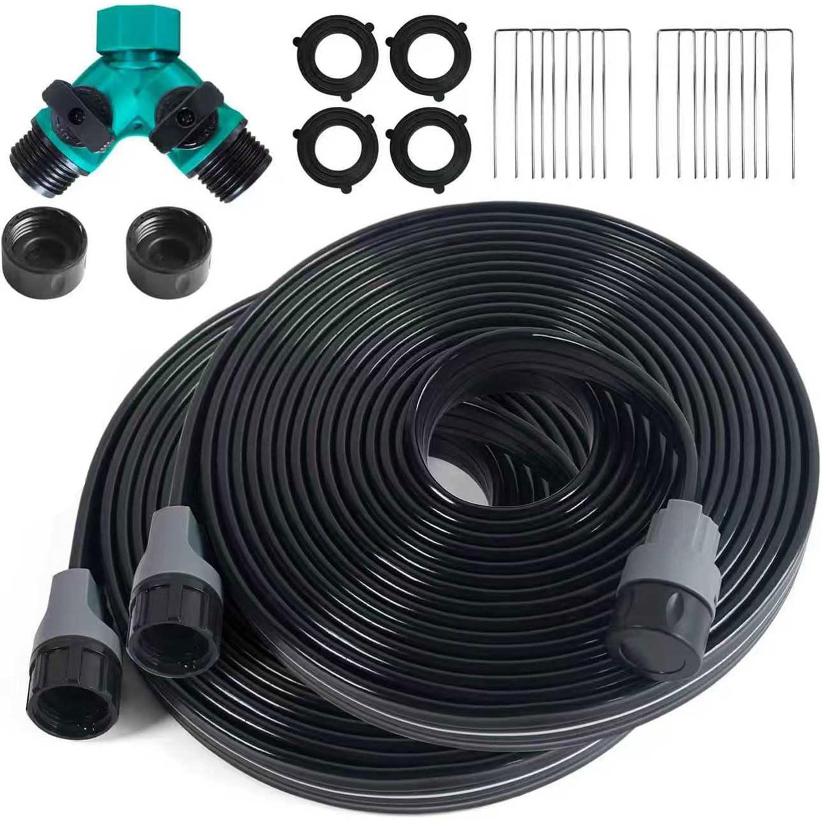 Apgooface Sprinkler Hose with Holes, Flat Soaker Hoses 50 ft (25 ft 2pack) with Garden Staples and Splitters, PVC Drip Line Irrigation Watering Hoses for Lawn,Garden Beds (50 ft)