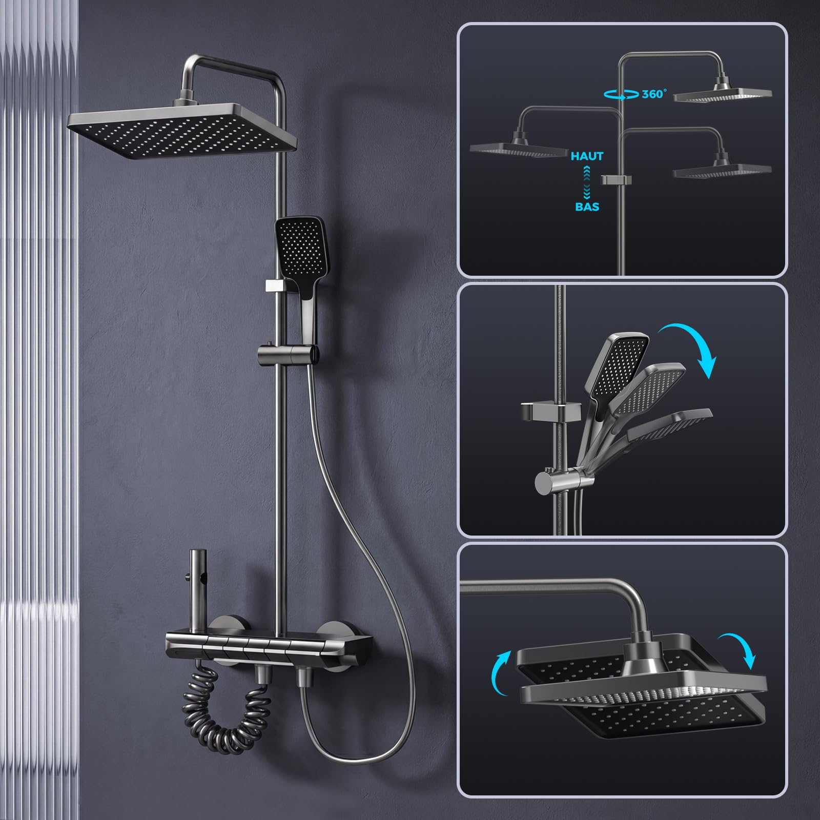 Kit de Robinet de Douche Complet avec Colonne de Douche et Piano | Garniture de Douche Thermostatique Pour Salle de Bain avec Colonne Réglable 85-145cm, 4 Modes de Débit d’Eau, Gris Brossé