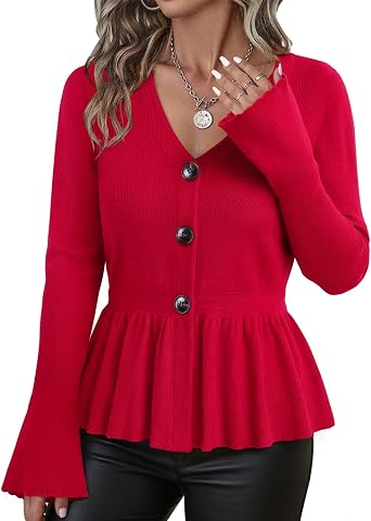 Vivilli Fall Open Front Cardigan Sweaters for Women Trendy Long Sleeve Peplum Tops Knit Button Sweater Casual Outerwear