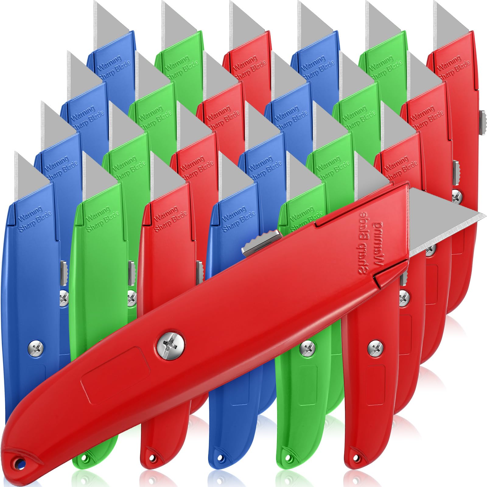 Reginary30 Pcs Box Cutter Bulk Retractable Blade Utility Knife Heavy Duty Aluminum Alloy Razor Shell Knife for Cartons, Cardboard and Boxes, DIY, Factory, Home(Red, Green, Blue)