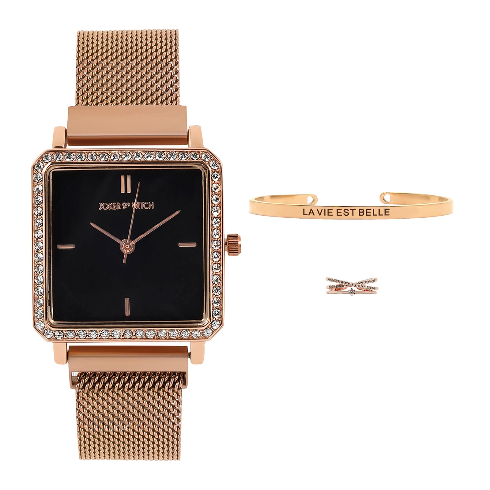 Joker & Witch Stainless Steel Rhinestone Summer Love Triangle Women Analogue Watch Gift Sets, Black Dial, Rose Gold Band (B0CC4ZSX1S) Amazon Price History, Amazon Price Tracker