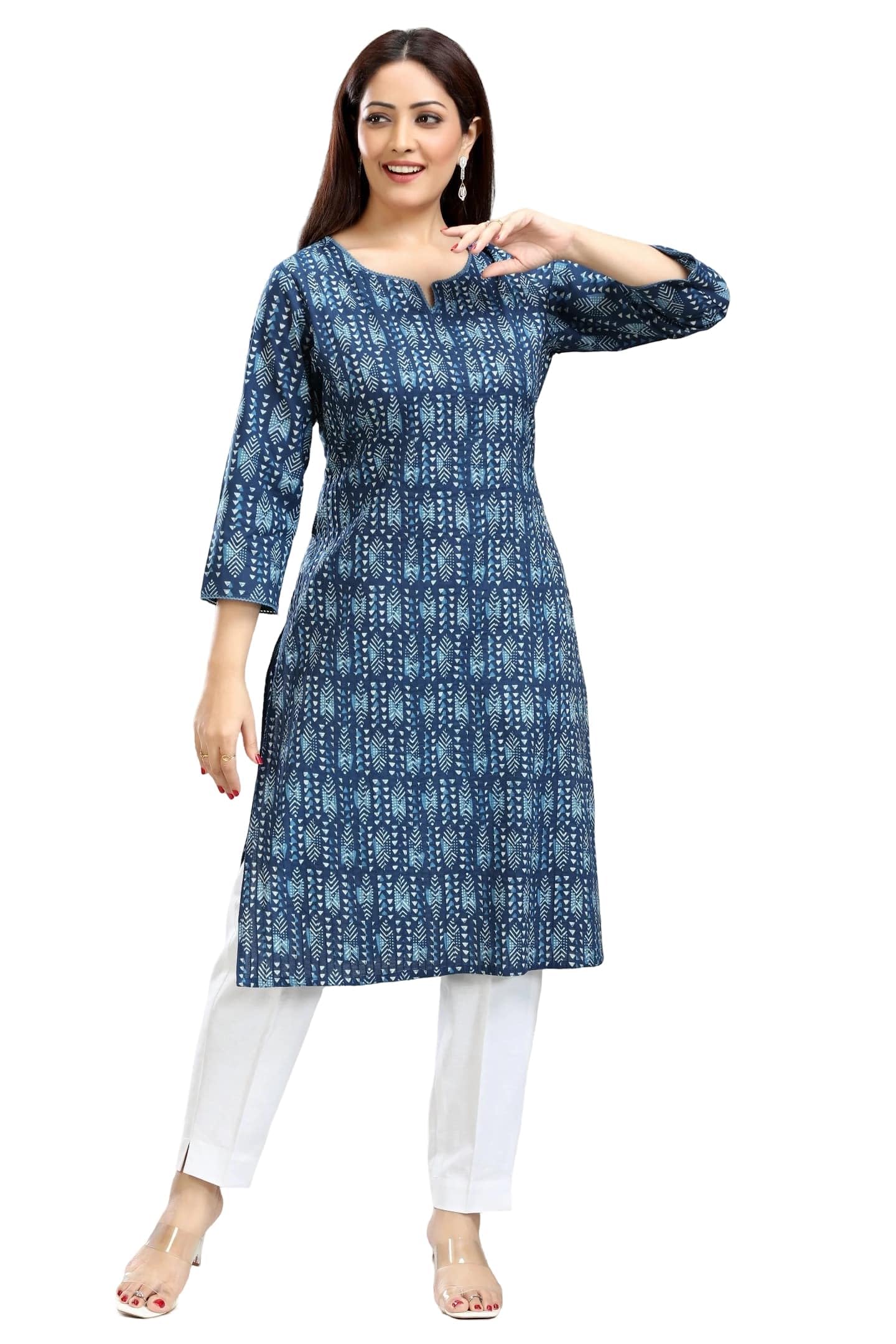 Royal Blue Cotton Straight Printed Kurta-image-18