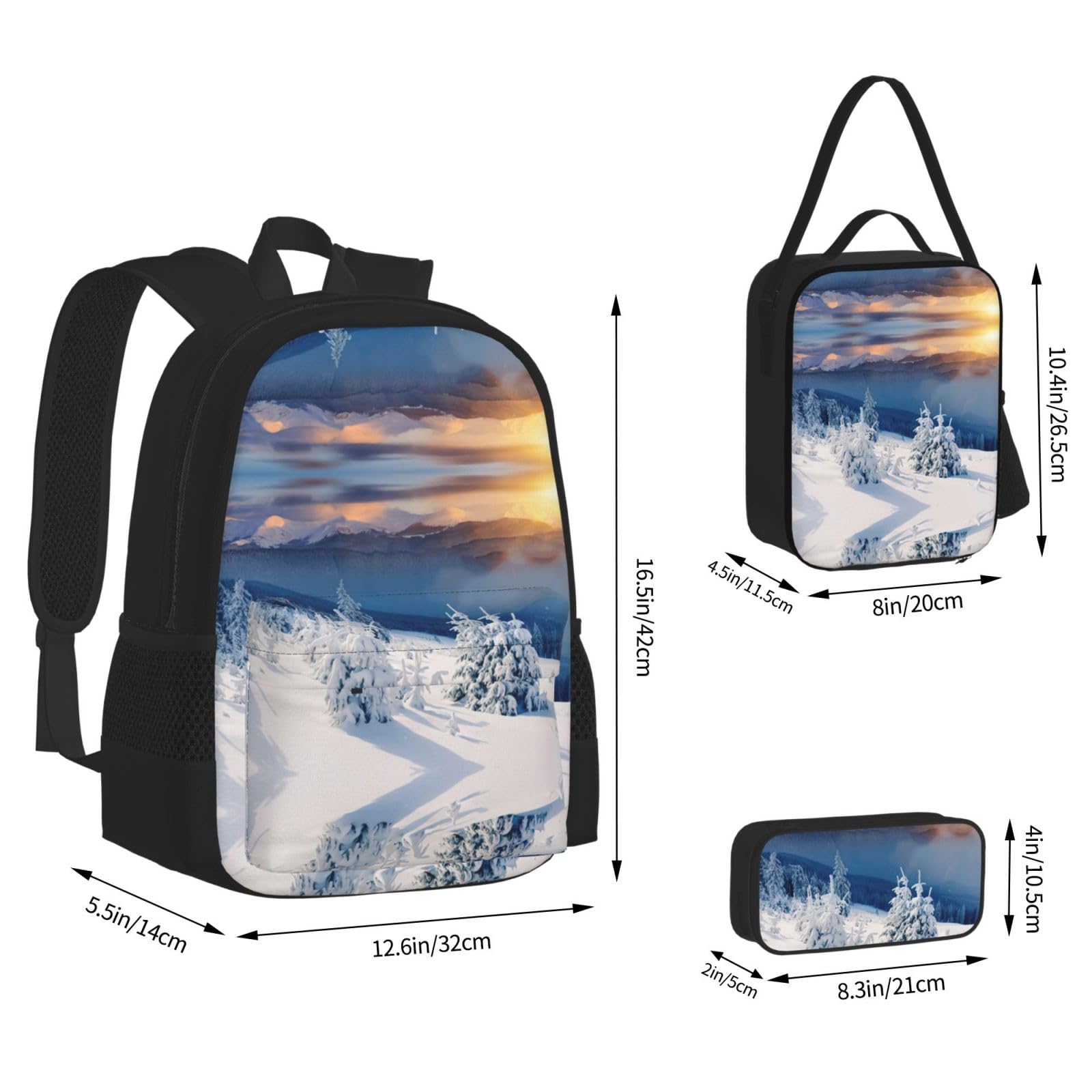 Juego de 3 mochilas escolares con estampado de atardecer y montañas de invierno, mochila para laptop resistente al agua con bolsa de almuerzo aislada y estuche para lápices para adolescentes