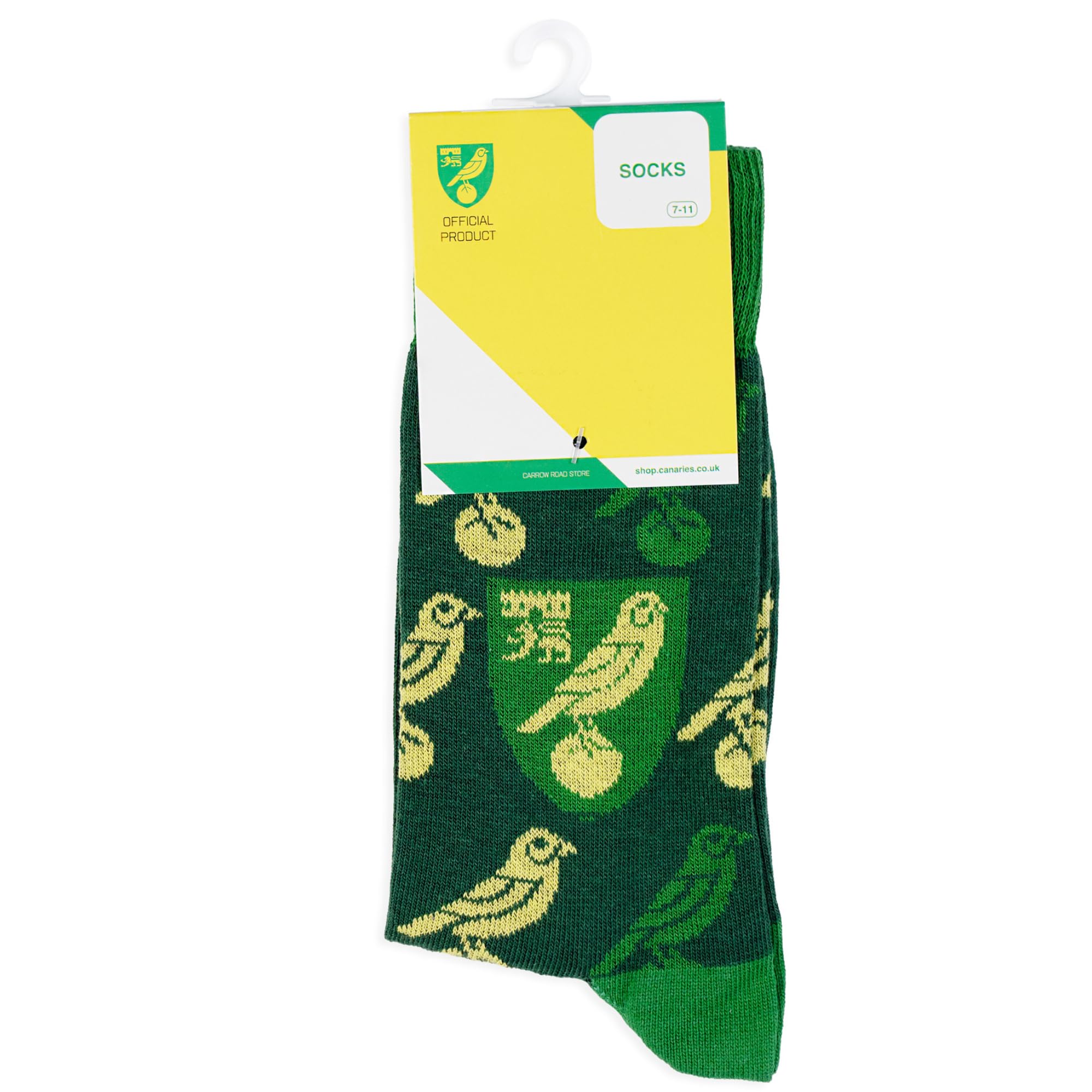 Norwich City FC Socks | Adult 'The Canaries' Green & Yellow Crest Patterned Fan Socks | Licensed Merchandise, UK Size 7-11