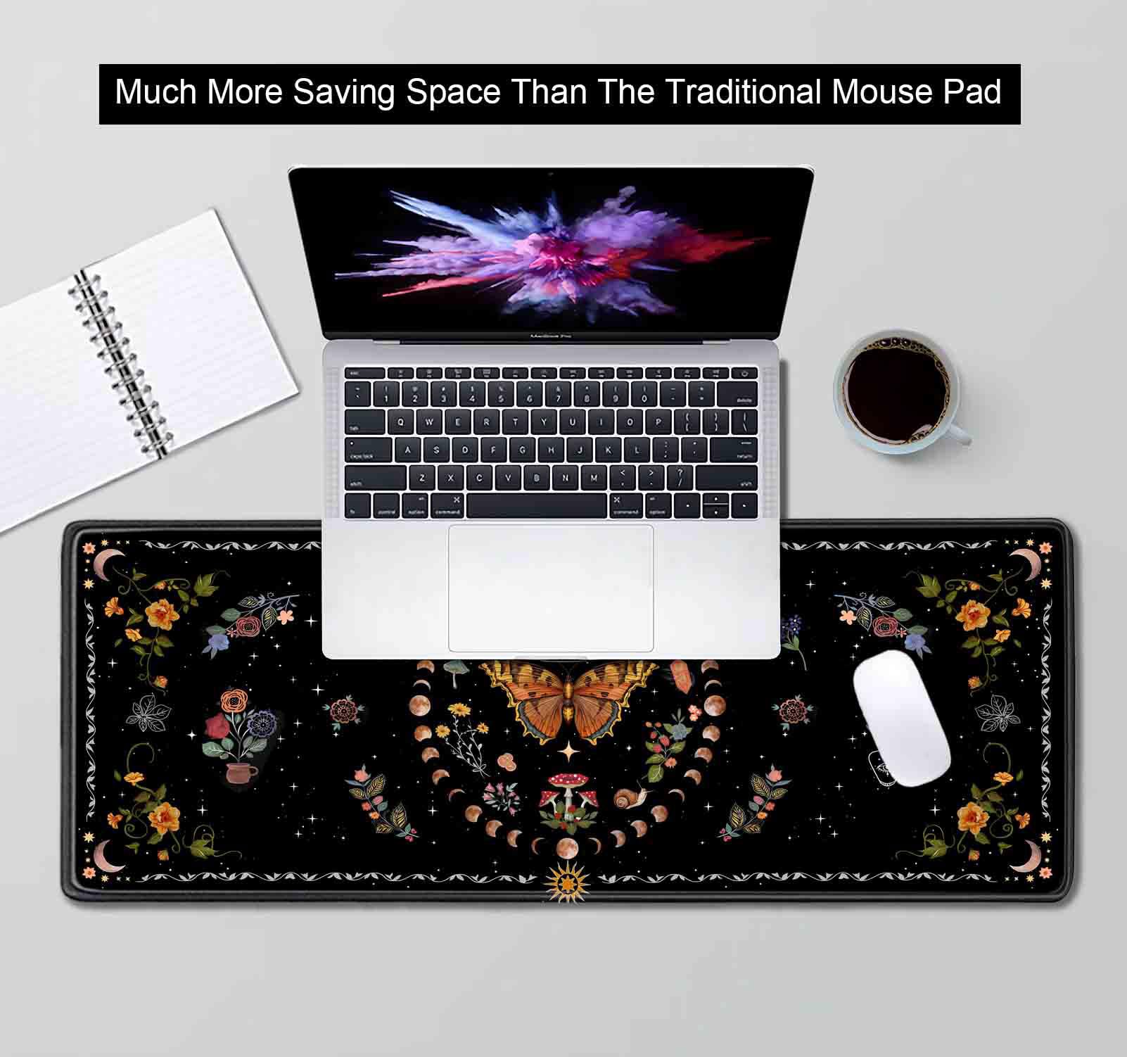 Tappetino per mouse motivo con fasi lunari, falena, fiori e fiori, per tastiera per videogiochi, grande estensione XL, bordo cucito, retro in gomma per casa e ufficio (80 x 30 cm