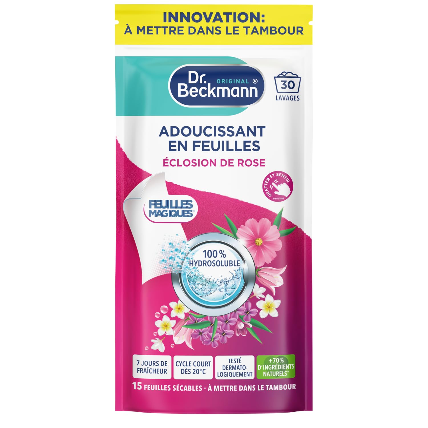 Dr. Beckmann Feuilles Magiques® Éclosion de Rose - Adoucissant en Feuilles pour la Peau Sensible - Usage Familial - Limo