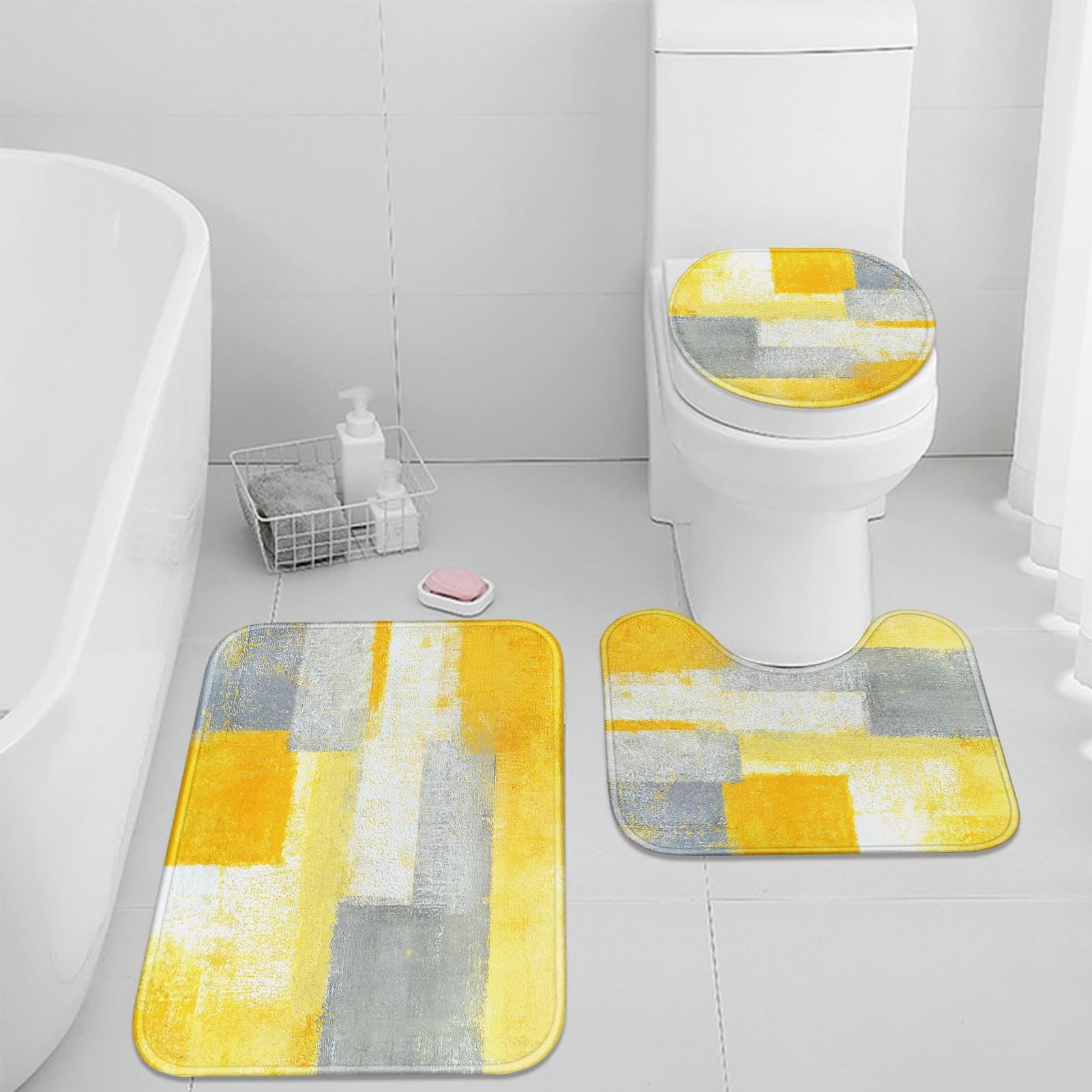 ArtSocket Lot de 3 tapis de salle de bain antidérapants en microfibre et mousse à mémoire de forme lavable en machine Jaune/gris