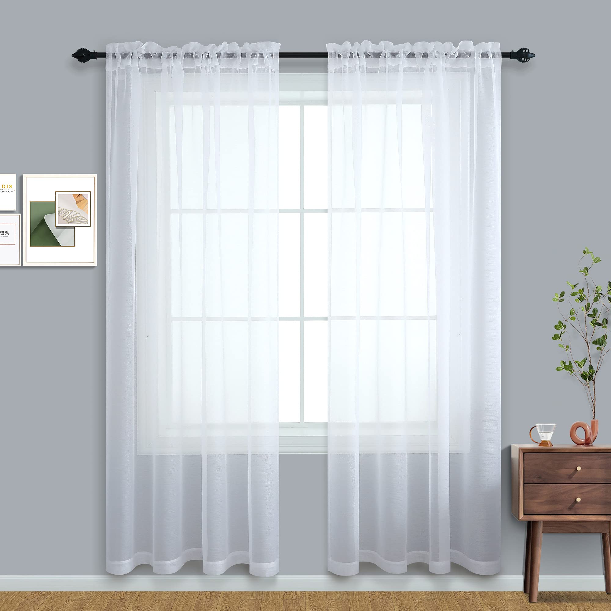 White Sheer Curtains 96 Inches Long for Living Room 2 Panels Set Rod Pocket Transparent Window Curtains for Bedroom 52x96 Inch Length