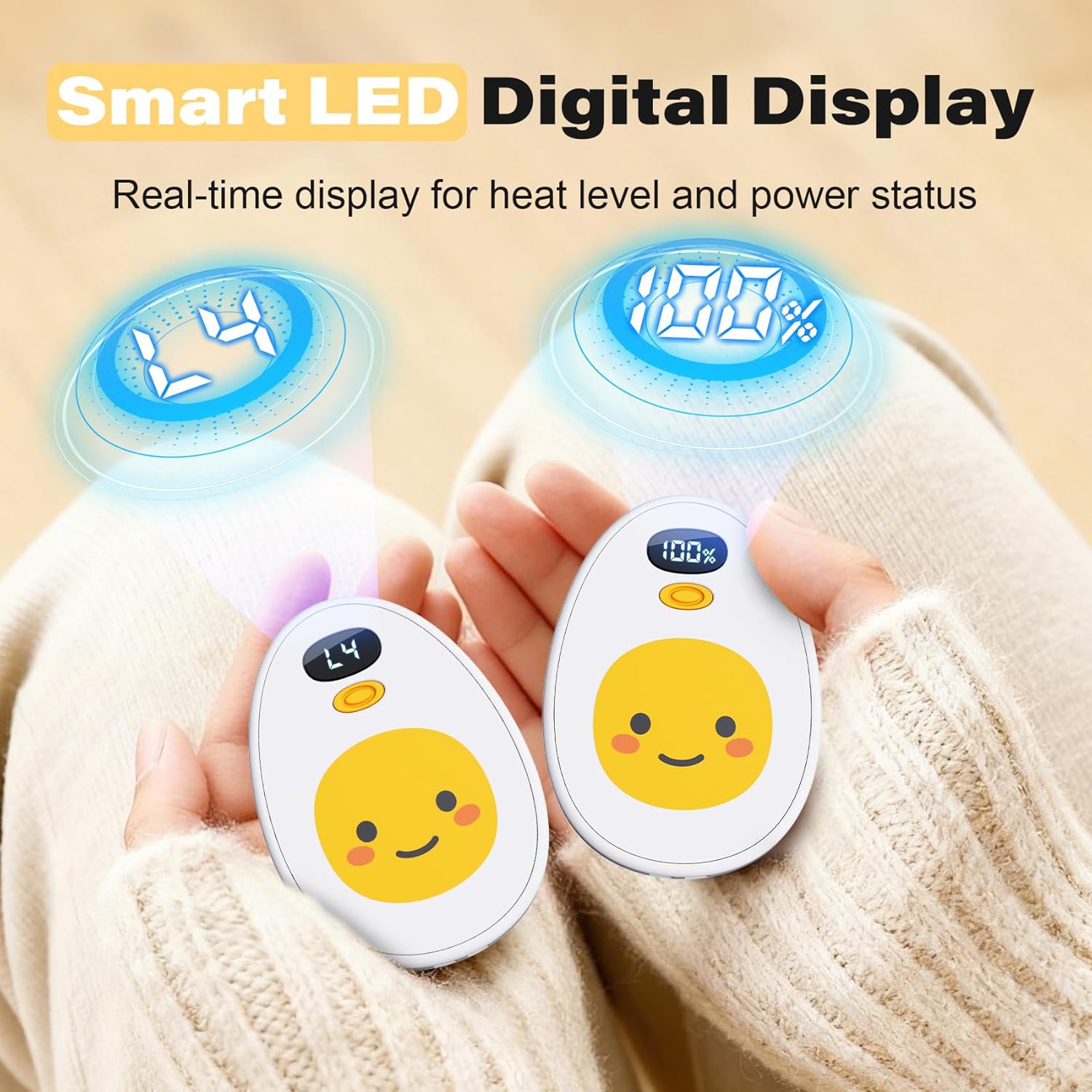 Hand Warmers Rechargeable, 2 Pack Cute Egg Design, LED Display, 4 Levels Fast Heating Magnetic Electric Hand Warmers, Portable Pocket Heater Gifts for Women Men Outdoor Camping Hunting Golf