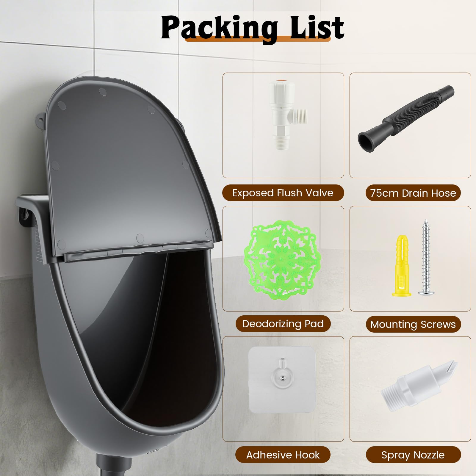 Wandmontiertes Urinal für Männer, Urinal mit Deckel & Ablaufschlauch, Wasserloses mit Spülfunktion, für Herren mit Spritzschutzdeckel, tragbare Urin-Trenn-Toilette für Camping, Wohnheim, Garten