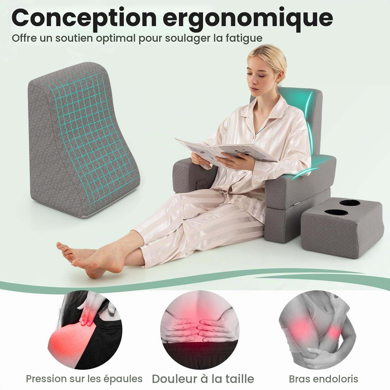 LIFEZEAL Coussin de Lecture avec Porte-Verre Coussin de Dos et Poche de Rangement, Oreillers de Lecture de Bureau Ergonomique avec Accoudoirs, Support de Dos pour Lire, Travailler, Tricoter