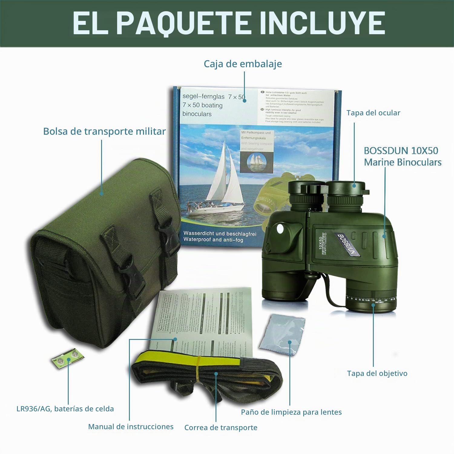 Binoculares Marinos Militares HD de 10x50 para Adultos, Brújula con Pantalla LCD HD y Presión de Aire, Navegación, Remo, Pesca, Caza, Observación de Aves (Green)