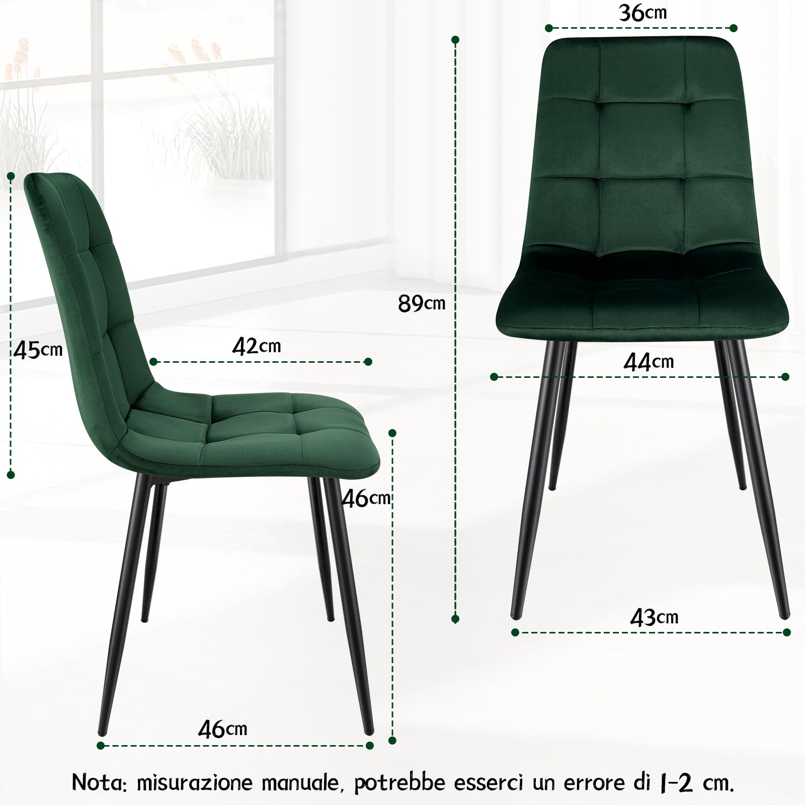 WAFTING Set di 4 sedie da pranzo imbottite con schienale alto e velluto olandese, con base in metallo, per sala da pranzo, soggiorno e reception, verde scuro