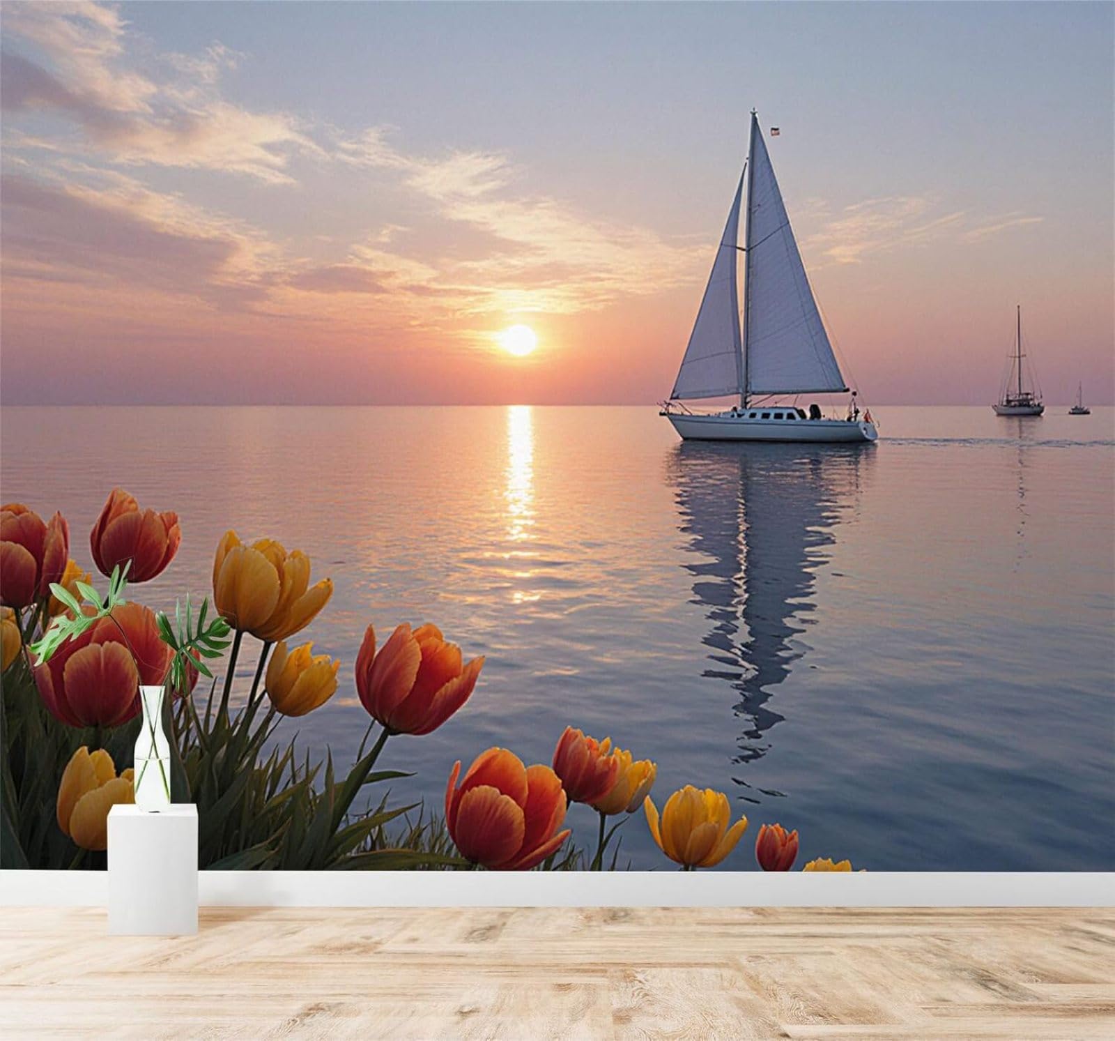 Xlming 350Cm×256Cm(B×H) Beautiful Calm Sea Sailing Boat Sunset Tulips 3D Wallpaper Silky Texture Home Study Office Grey Dining Room Sofa Bedroom Living Room Tv Backdrop-350Cm×256Cm