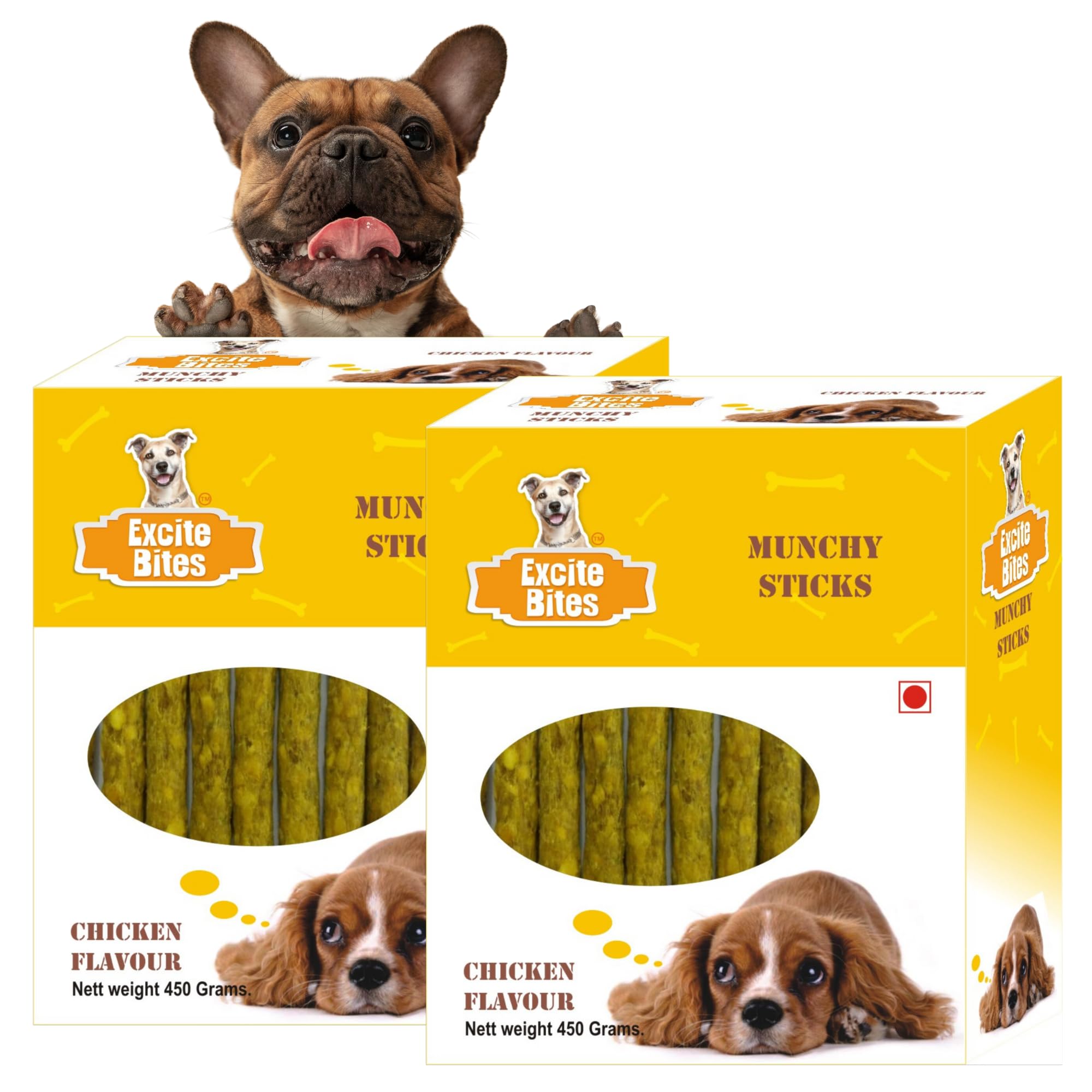 EXCITE BITES Chicken Flavor Munchy Sticks for Dogs | Protein Chew Sticks for Dogs | Essentials Treats for Adult & Puppies| Dental Sticks | Long-Lasting Chew Stick 450g (Pack of 2)