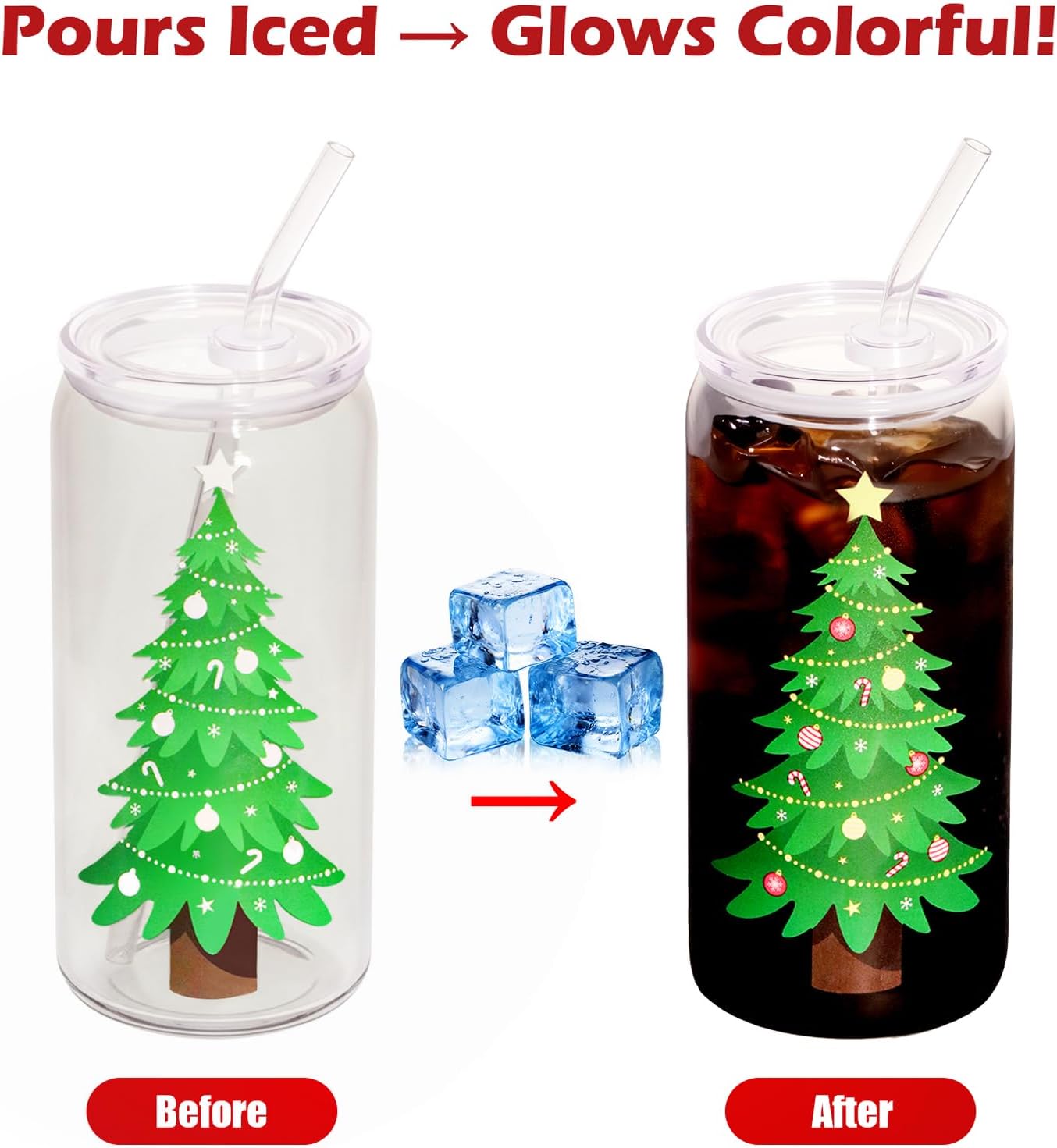 Christmas Gifts, 18oz Color Changing Christmas Glass Cups with Lids and Straw, Glass Tumbler Iced Coffee Drinks Cups for Holiday Party (1 Pack) - Image 2
