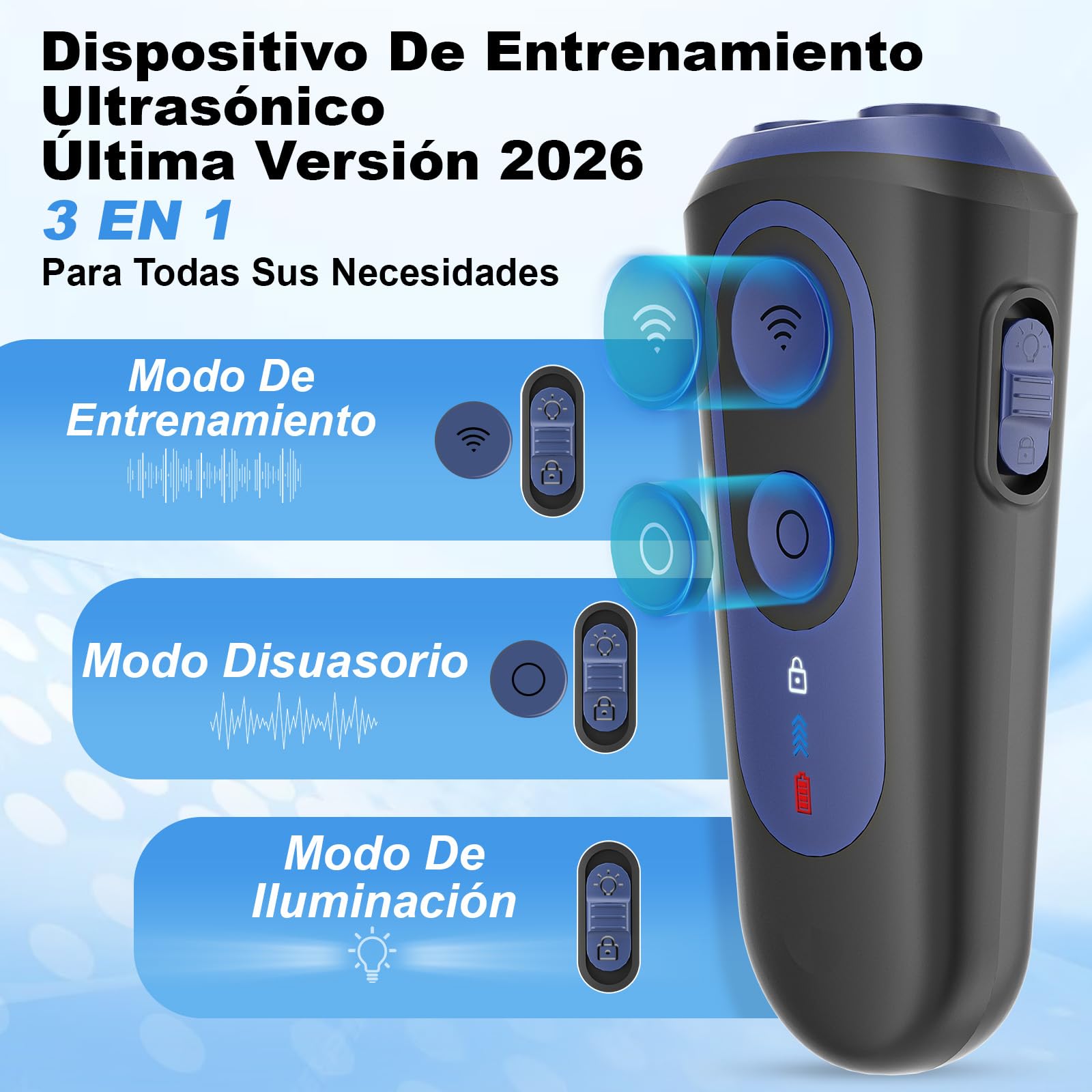 Ahuyentador de Perros, Antiladridos para Perros Ultrasónicos 3 Modos, Dispositivo Seguro y Humano para Detener Ladridos, Alcance 15M, Portátil con Linterna LED, para Perros Pequeños, Medianos y Grande