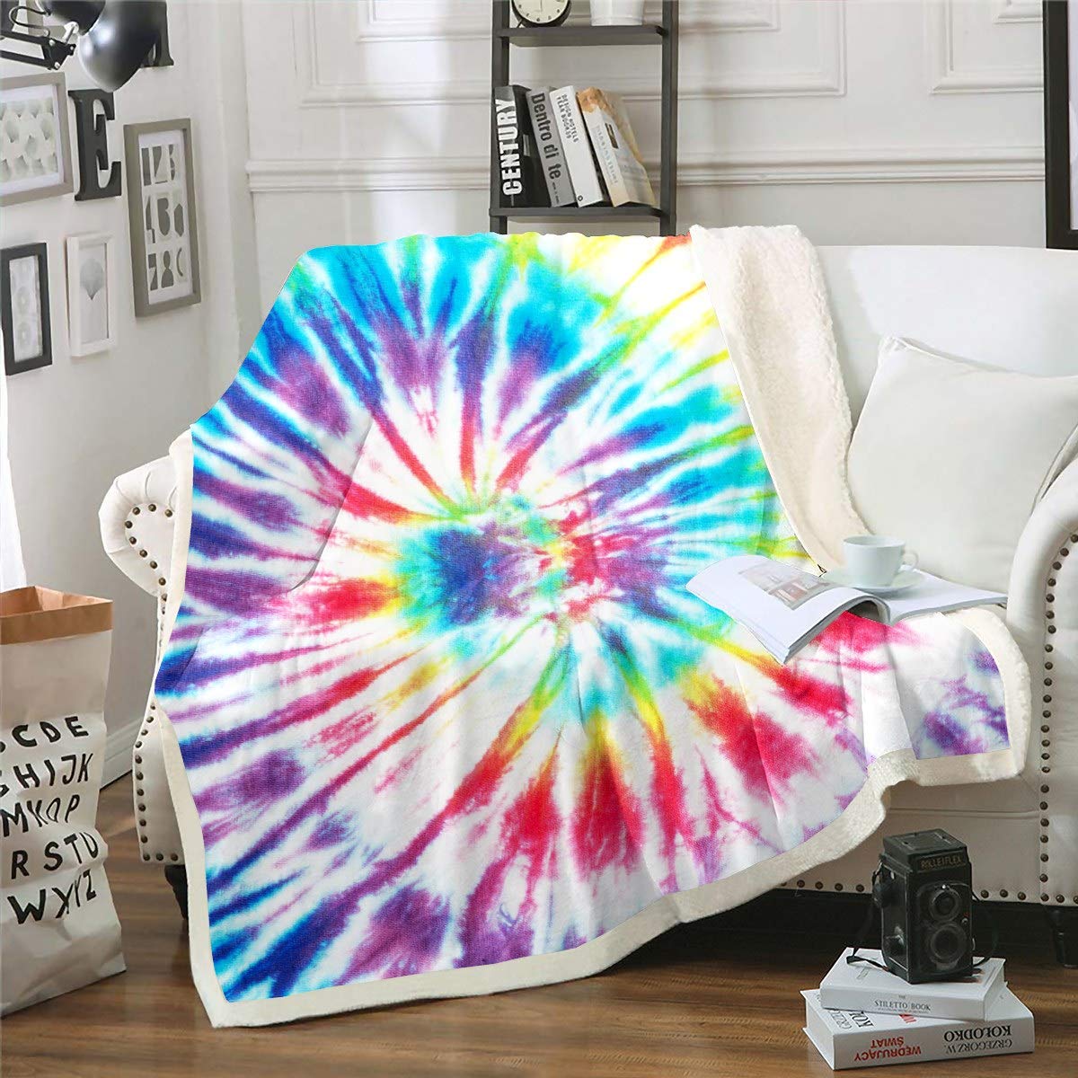 Loussiesd Tie Dye Sherpa Blankets Boho Psychedelic Colorful Rainbow Tie Dye Fleece Blankets for Couch Sofa Travel Women Room Decor Bohemian Gypsy Plush EEEEEs King 87"*94" — image 1