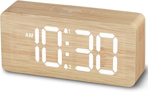 uscce Despertador digital de madera para dormitorios reloj despertador doble regulable con números grandes para mesita de noche - Alarma fuerte para