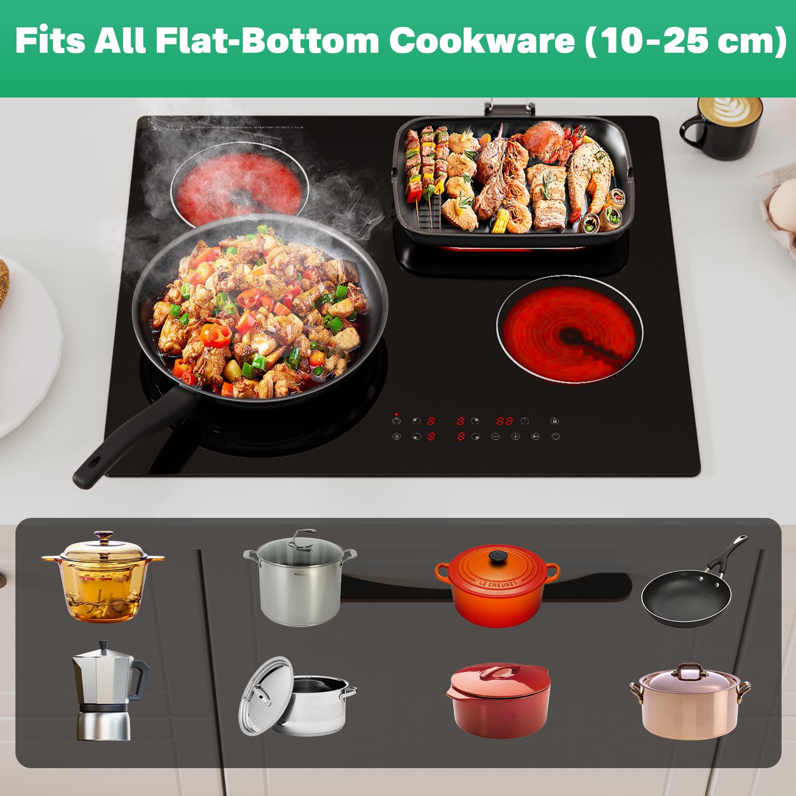 4-Zone Electric Ceramic Hob 6700W, Built-In Touch Control Cooktop, Universal Cookware Compatibility, Black Glass, Timer, Child Lock,Touch Control Electric Ceramic Cooktop — view 5