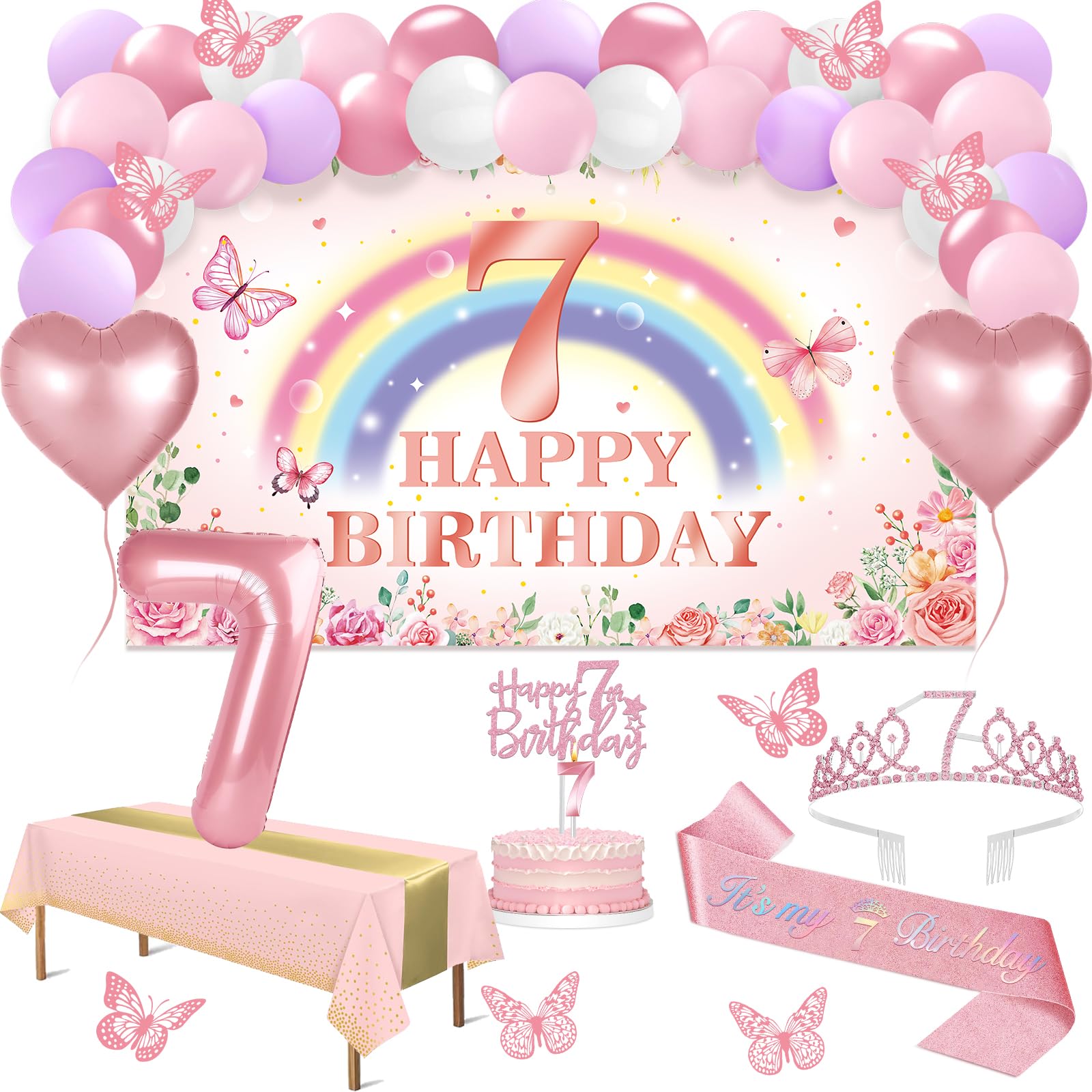 7th Birthday Decorations for Girls, 47pcs Silver Pink Happy 7th Birthday Banner, Tablecloth, Butterfly Decor, Sash and Tiara, Cake Topper, Candles, Balloons Arch, 7 Year Old Girls Gifts