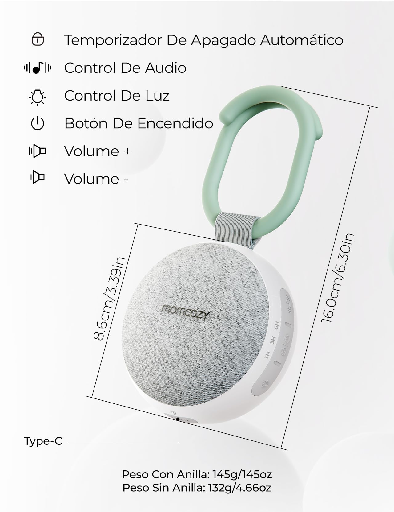Momcozy Ruido Blanco Bebe con 20 Sonidos Relajantes, Maquina Ruido Blanco Bebe con Luz Nocturna, Anillo Colgante, Temporizador, Larga Duración para Viajes — view 8