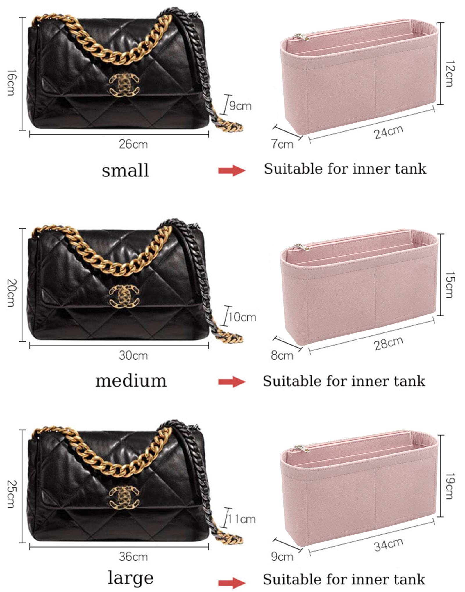 Lckaey Purse Organizer Insert for Chanel 19 Small bag with Side Zipper Pocket Handbag Chanel Maxi Flip bag Organizer Y002pink-S