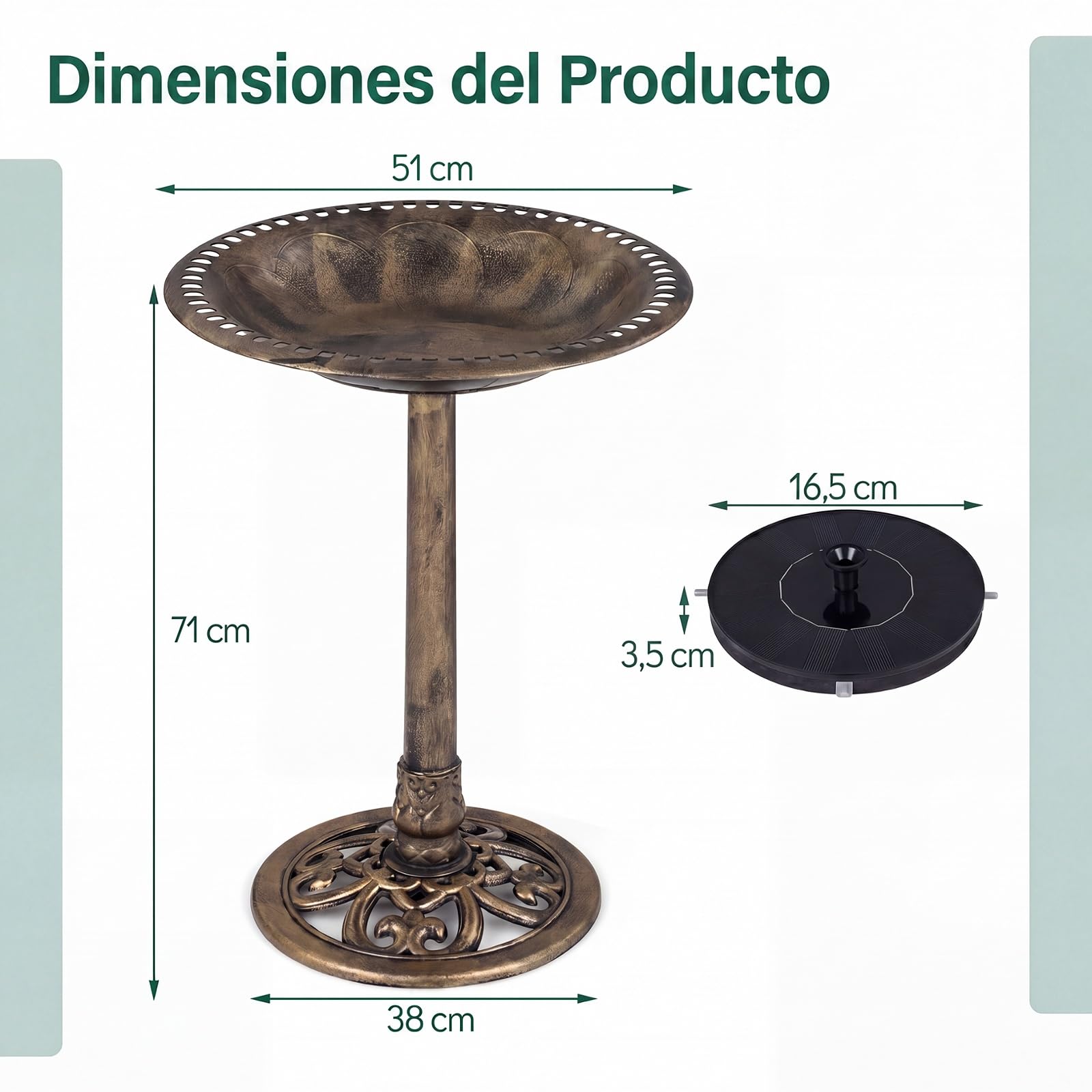 GYMAX Baño para Pájaros con Fuente Solar 2 en 1, Bebedero de Pájaros de Pie Antiguo con 6 Boquillas y 3 Estacas, Comedero para Aves Vintage para Patio, Jardín, 51 x 51 x 71 cm
