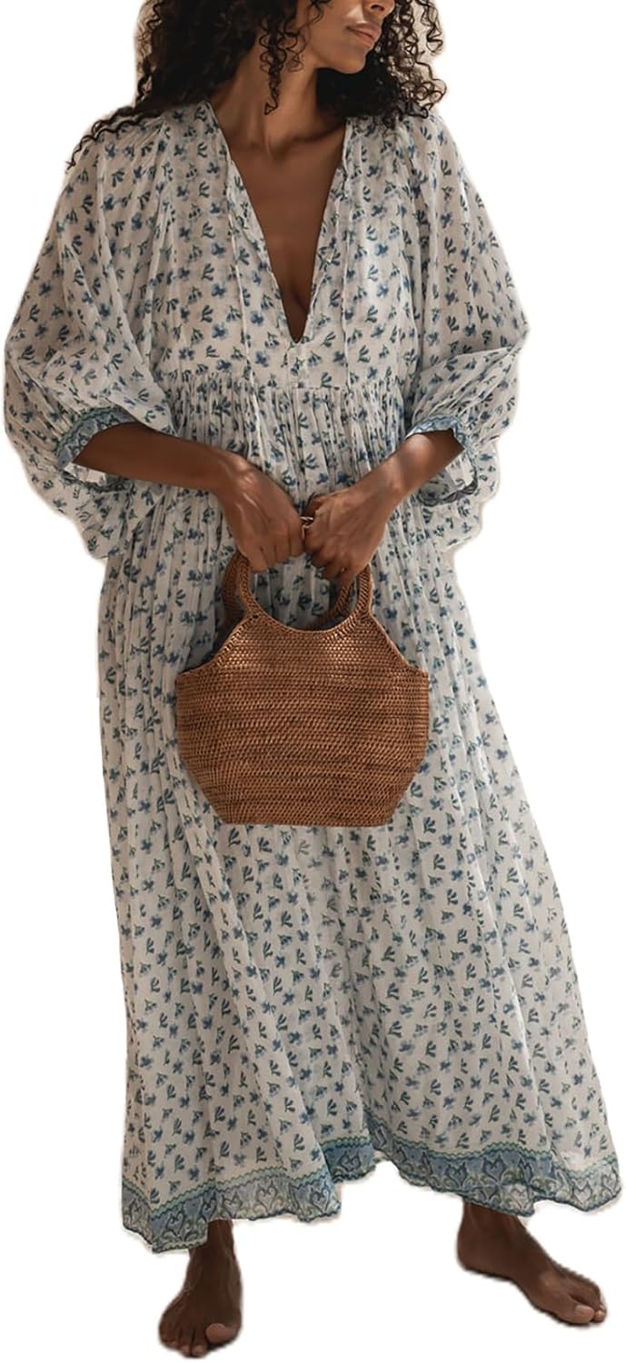 Women Boho Floral Maxi Dresses Summer Puff Sleeve Self-tie V Neck Beach Swing Casual Flowy Long Dress