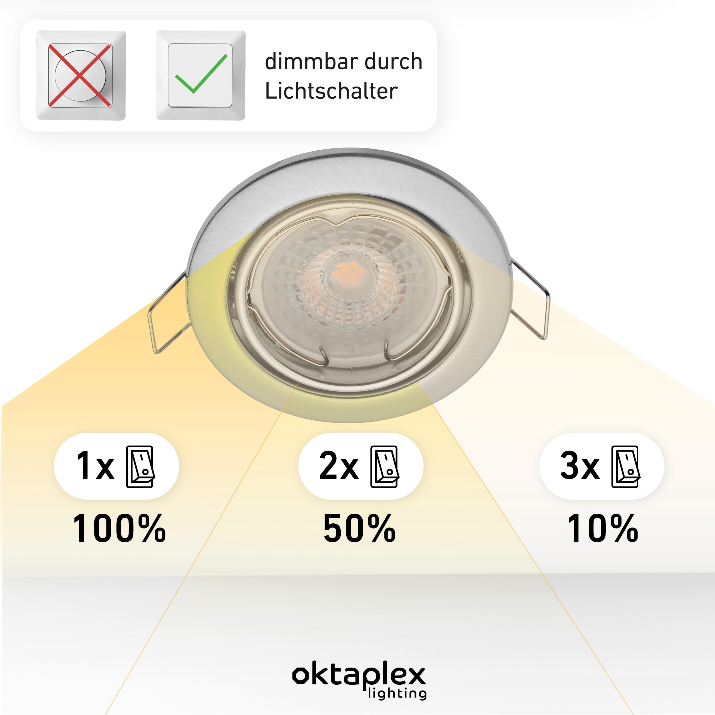 Oktaplex 9er Set Dijon Einbaustrahler LED 230V 3-Step dimmbar schwenkbar | 22mm Einbautiefe, Warmweiß 2700K, Lochmaß 68mm, 4,8W, 380lm, 110°, Deckenspots Edelstahl gebürstet ultra flach