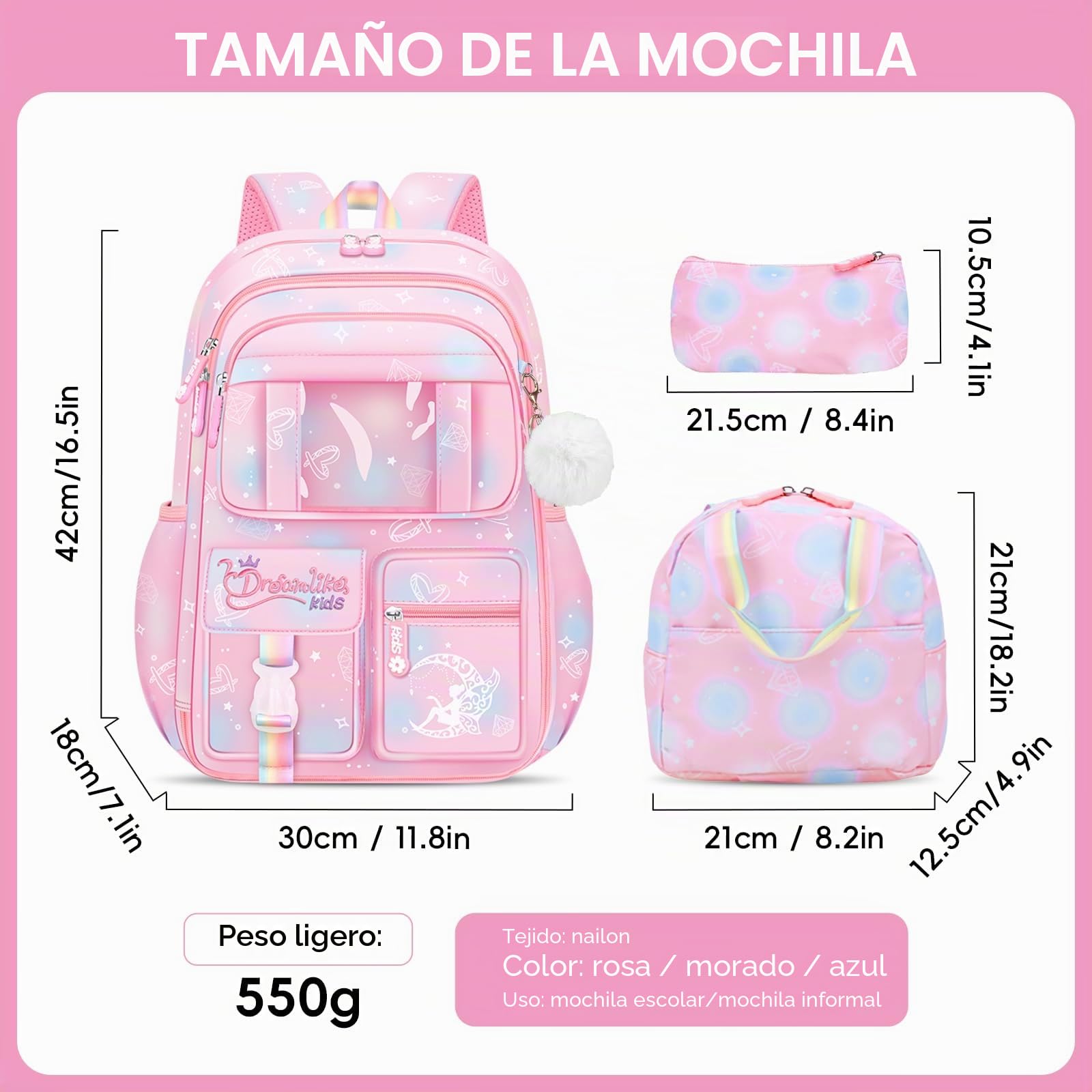 Amythe Set 3 en 1 Mochila Niña con Bolsa Almuerzo Estuche