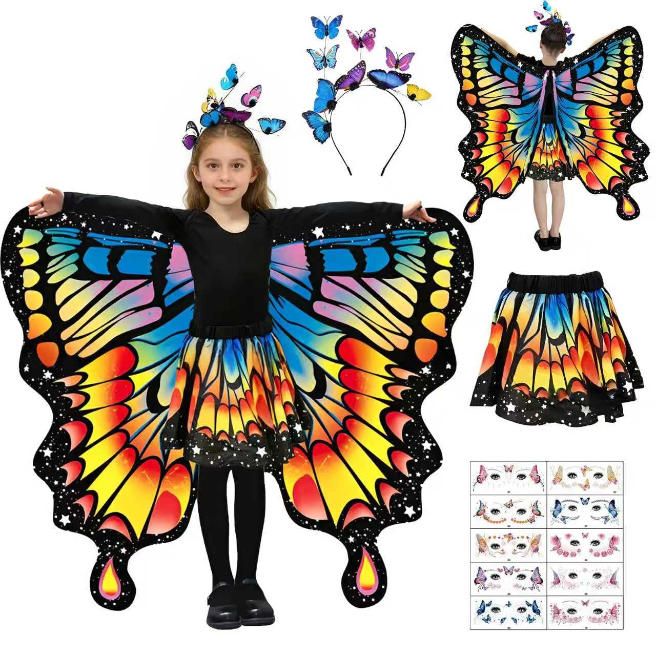 Deguisement Papillon pour Fille Déguisement Ailes de Papillon pour Enfant Deguisement Fille Cape Double pour Halloween Carnaval Cosplay Mascarade