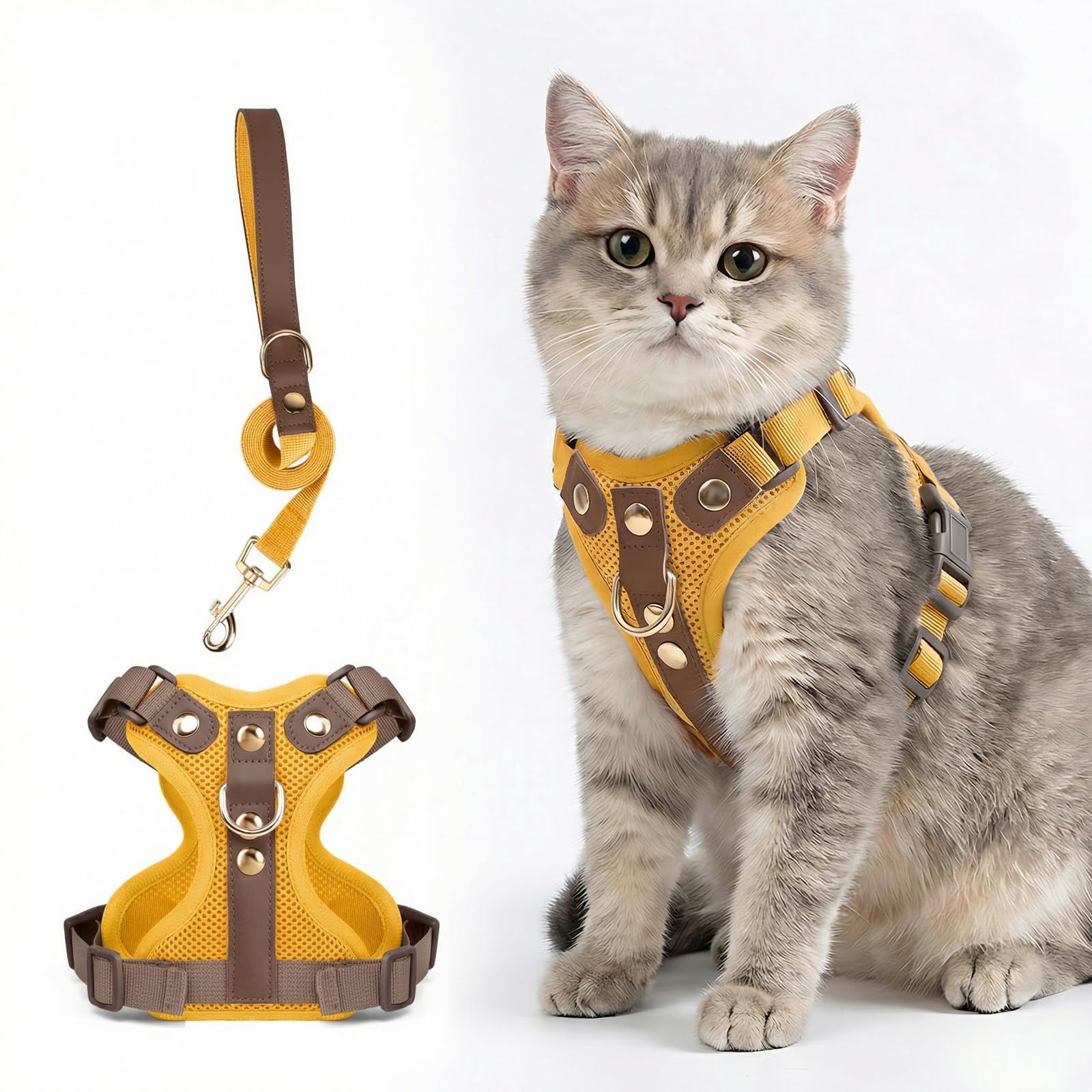 Modernest Cat Harness and Lead Set, Adjustable Kitten Harness and Lead Set with Premium Microfiber Leather Trim, Escape Proof Reflective Cat Vest Harness with Leash Sets for Cats Walking (Yellow, M) โ image 1
