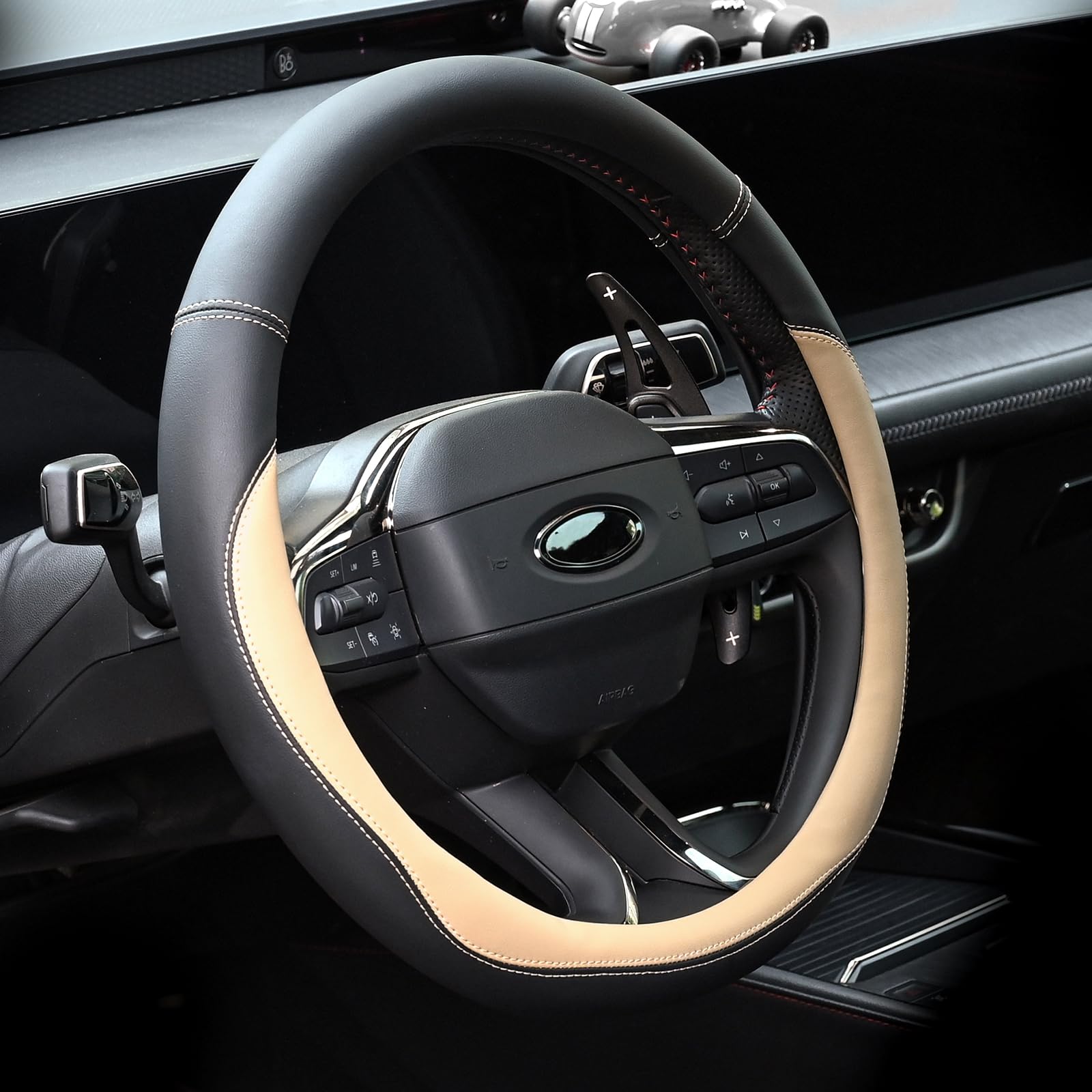 Valleycomfy Microfiber Leather Steering Wheel Covers Universal 15 inch (Beige)