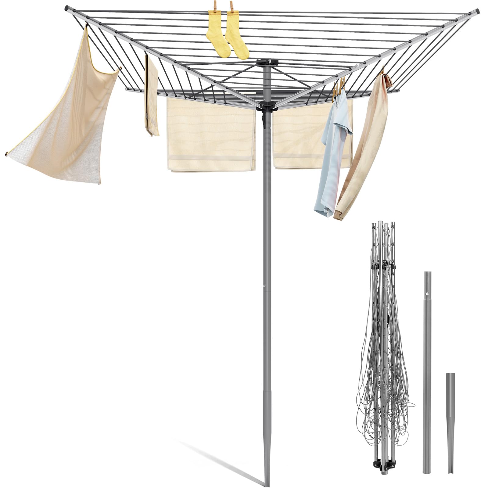 SYKIARIOL Wäschespinne, Stabiler Wäscheständer für Garten, Wäschetrockner mit Metall-Erdspieß und Aufbewahrungstasche, robuste Vierkantarme (Silber, 40m)