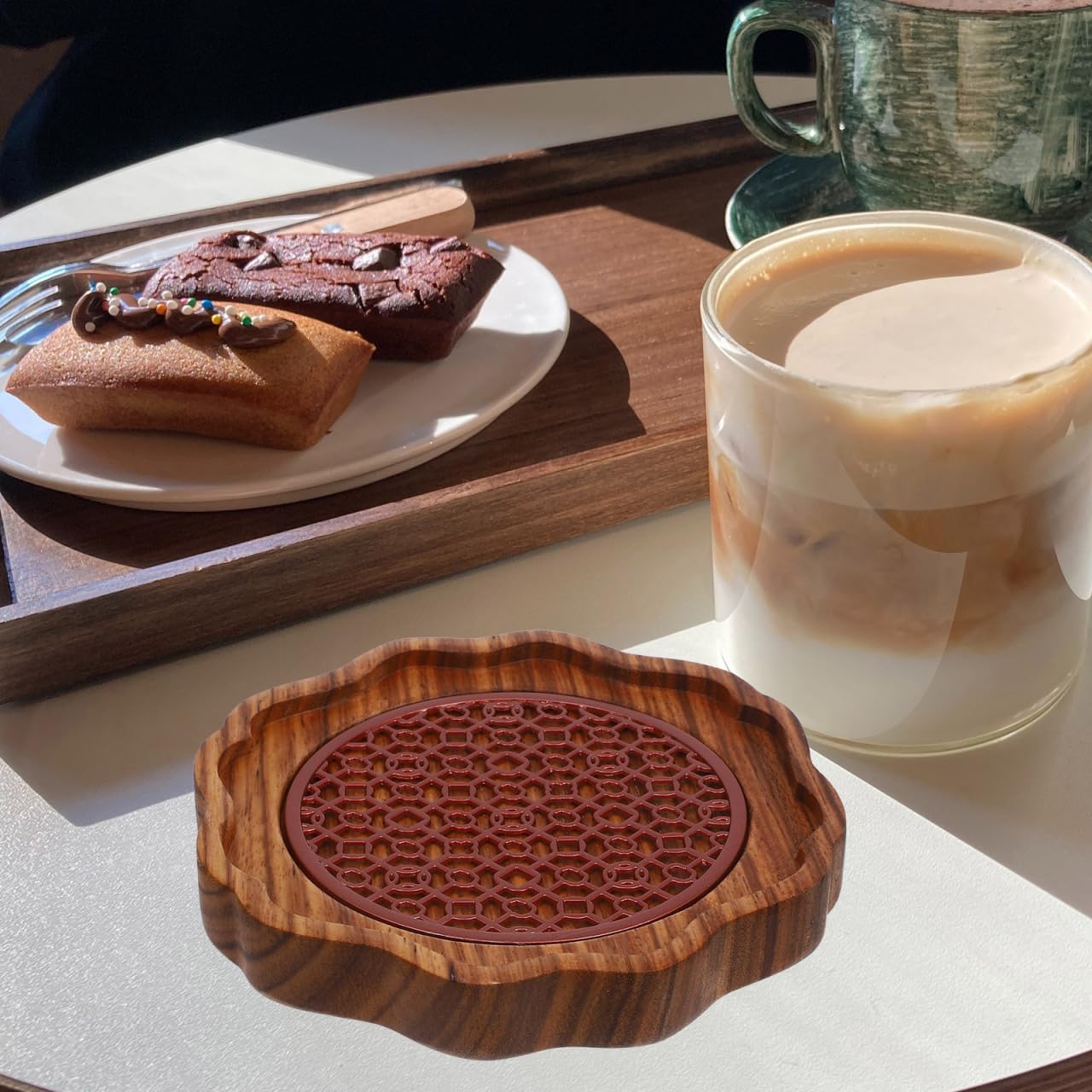 Ciieeo Wooden Teapot Holder Tea Mat Coaster Cup Pad for Kettle Storage 5.51 X 5.51 X 0.78 in Thickened Drink Coaster for Home Tearoom Bar Restaurant Table Use