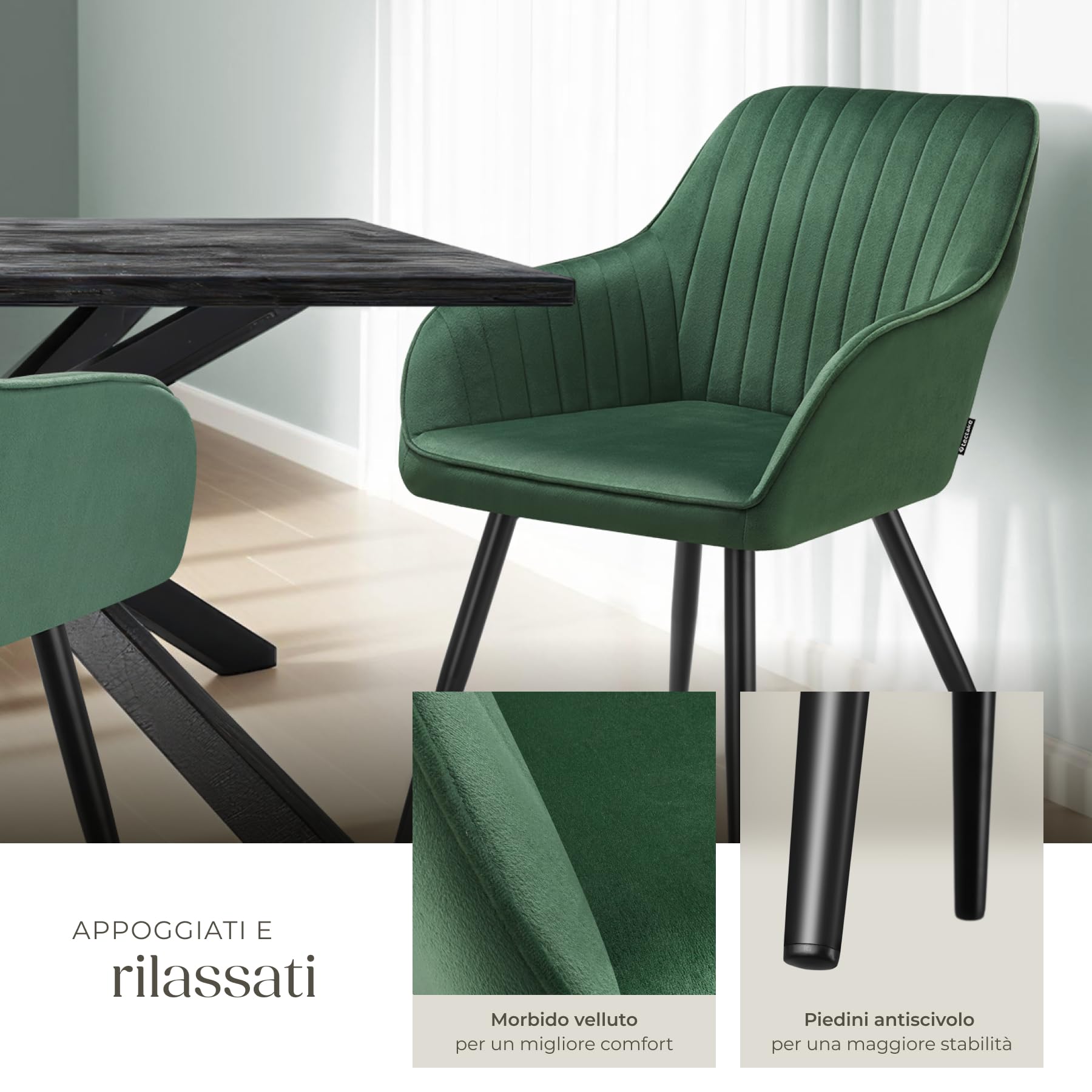 tectake® Sedie da Pranzo Effetto Velluto Trapuntato, Elegante, Imbottitura Schiuma Alta Densità, Gambe in Acciaio, Montaggio Semplice - Verde Scuro/Nero, 1 Sedia