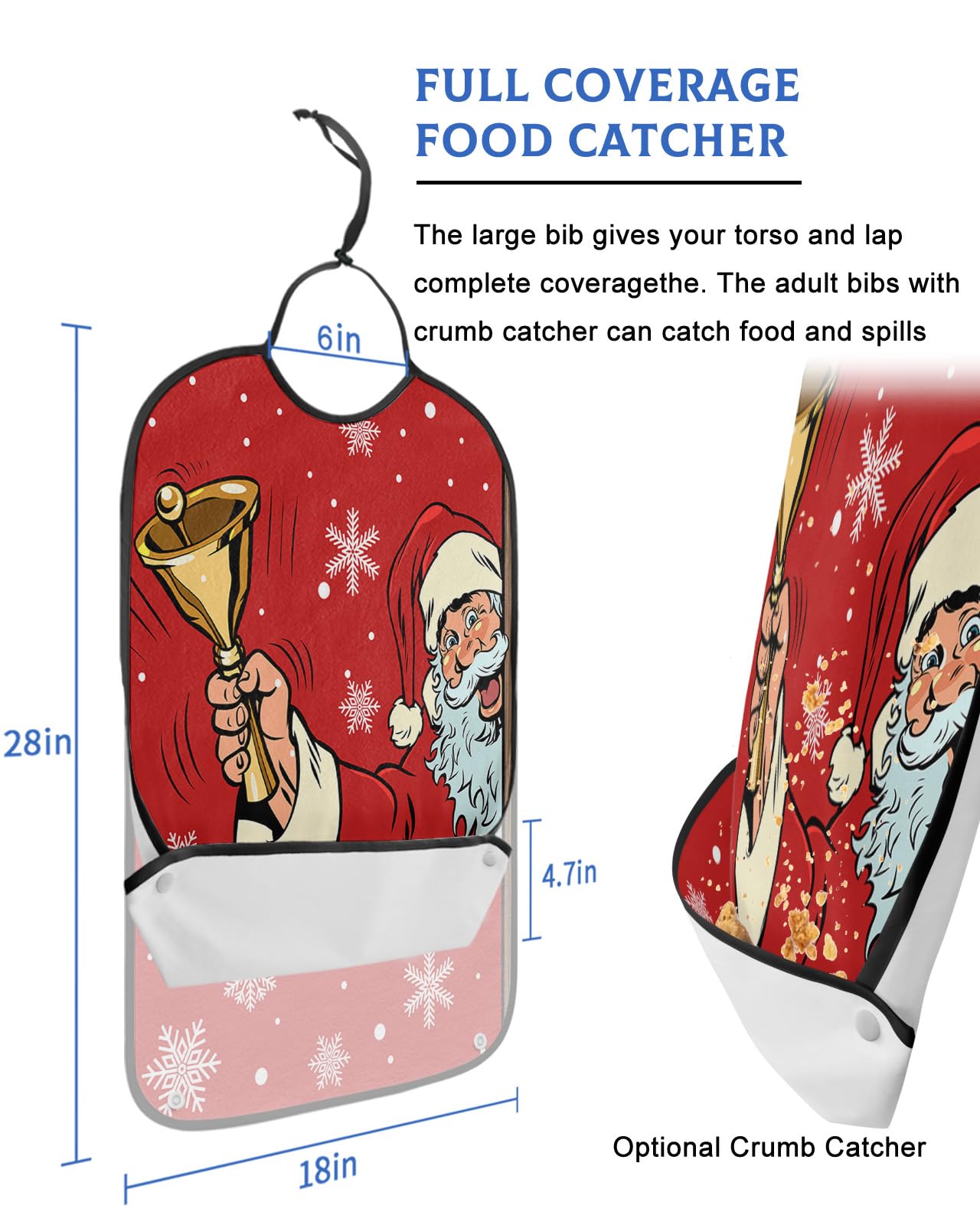 LEOKOTI Red Santa Christmas Adult Bibs for Eating, Waterproof Bibs with Food Catcher & Adjustable Snap Closure, Winter Snowflake Xmas Bells Washable Clothing Protectors Adult Bibs for Elderly