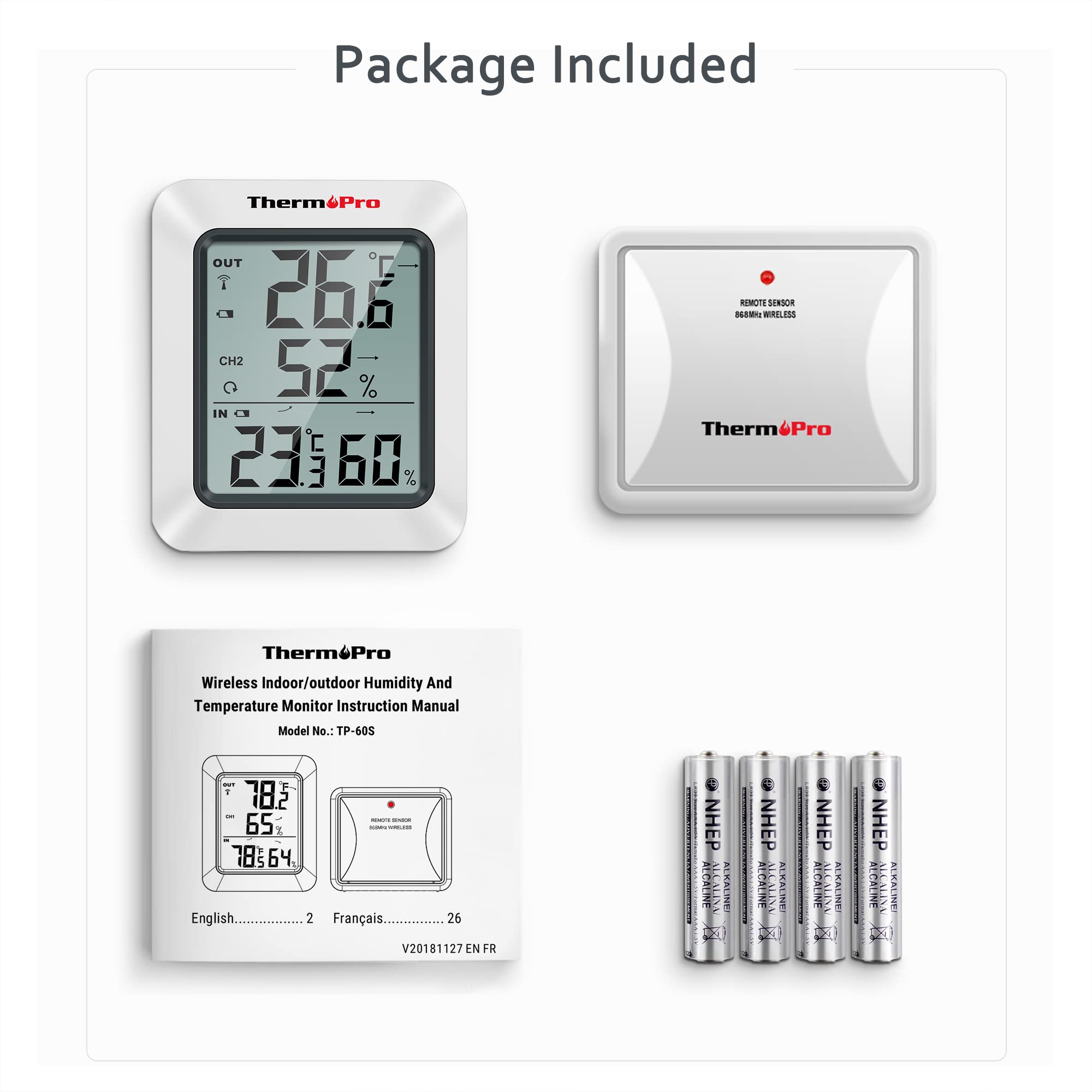 ThermoPro TP60S Radiowa stacja pogodowa z czujnikiem zewnętrznym, higrometrem, termometrem, monitorem parametrów klimatycznych, zasięg do 150 m